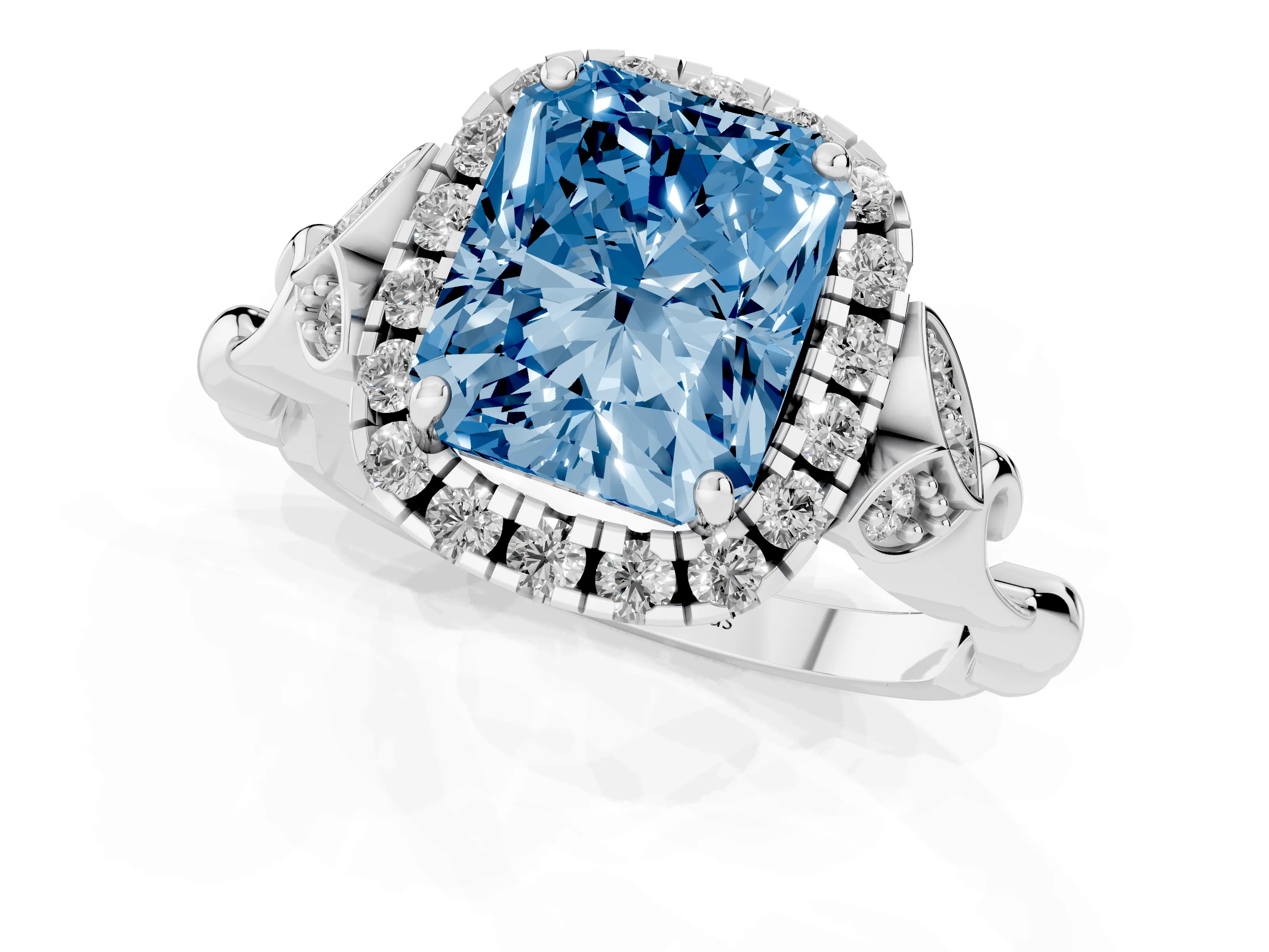 Fancy Blue Radiant Cut Diamond Halo Engagement Ring Set in Platinum with Vintage-Inspired Band and Prong Setting – second view