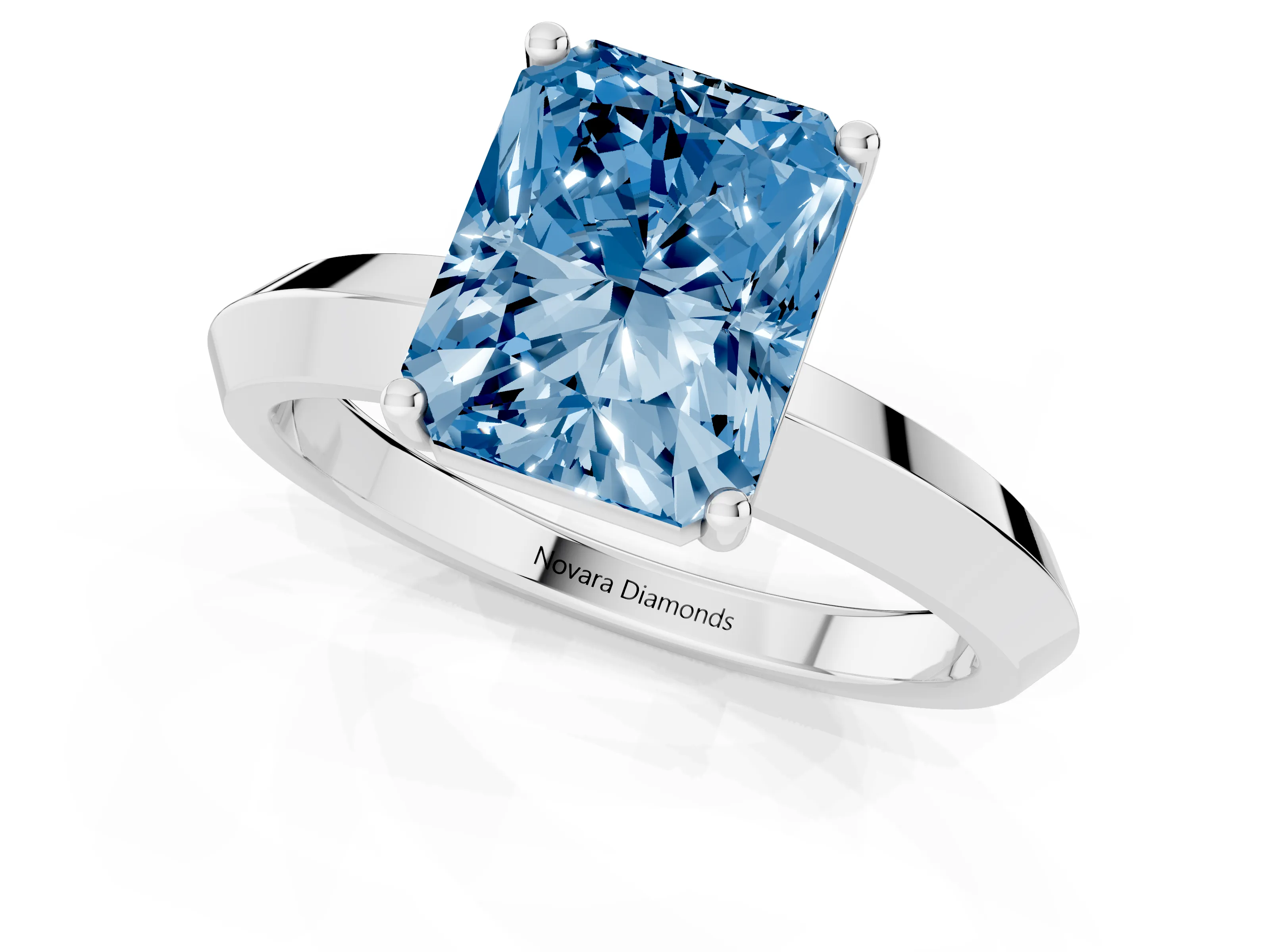 Fancy Blue Radiant Cut Diamond Solitaire Engagement Ring Set in Silver with Flat Band and Prong Setting