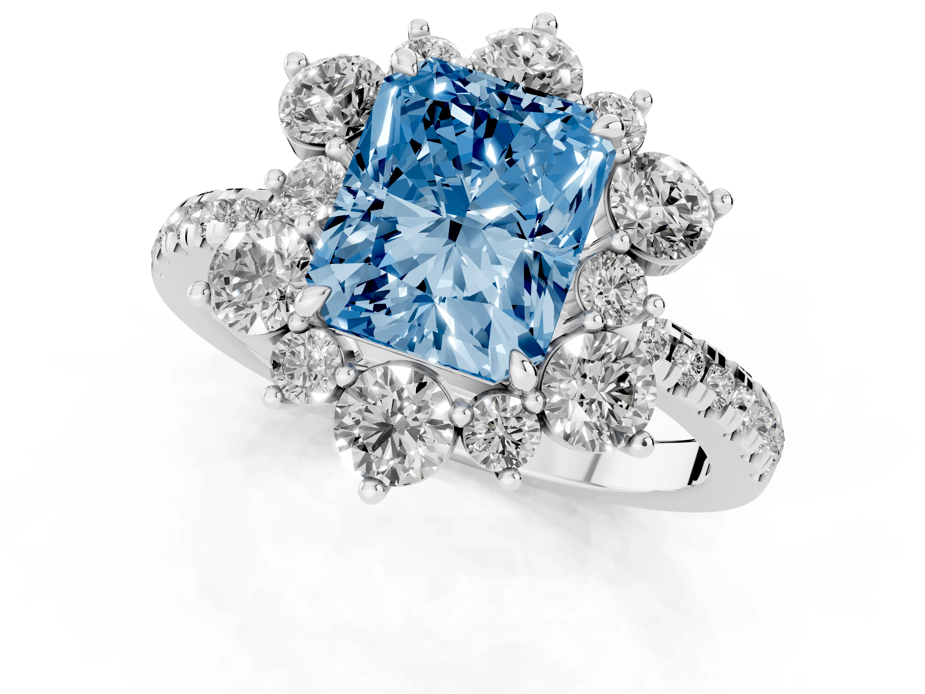 Fancy Blue Radiant Cut Diamond Floral Halo Ring Set in Silver with Round Pavé Band and Prong Setting