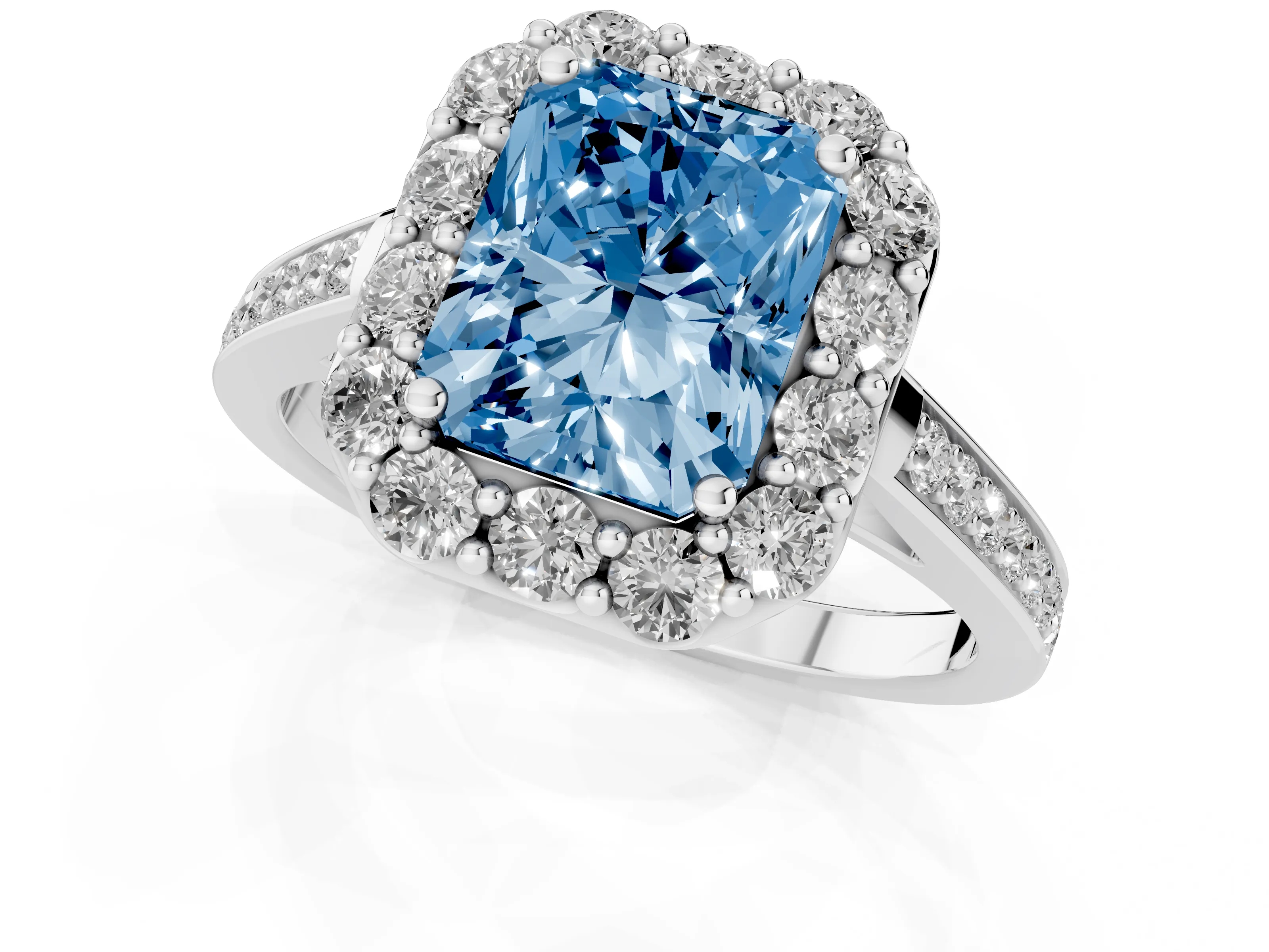 Fancy Blue Radiant Cut Diamond Floral Halo Ring Set in Platinum with Pavé Band and Prong Setting