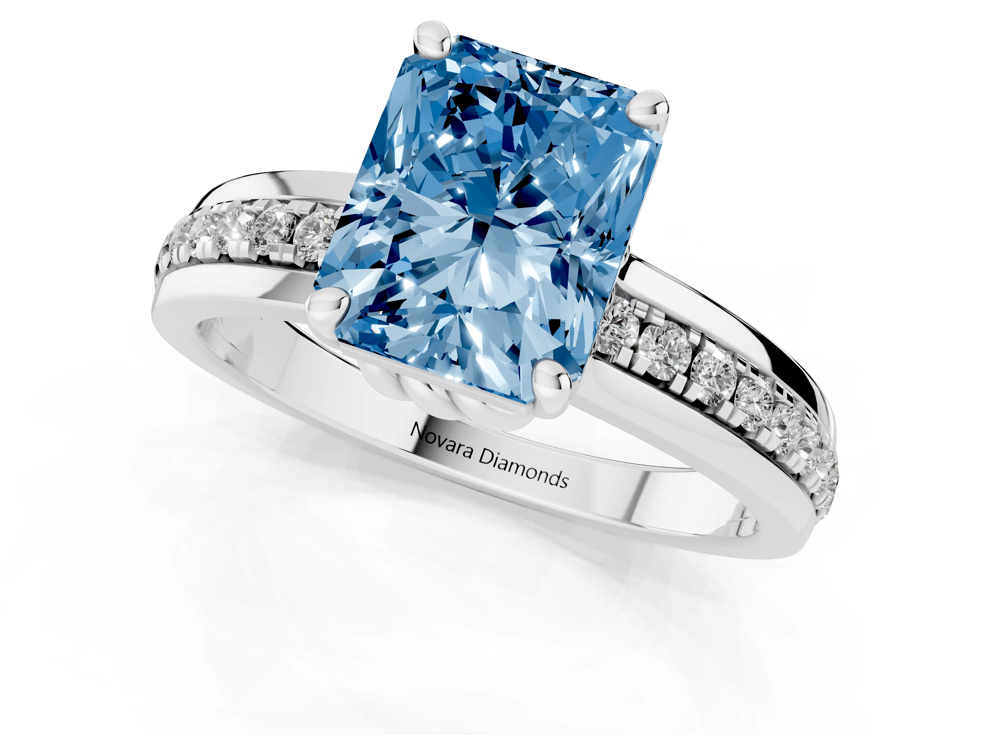 Fancy Blue Radiant Cut Diamond Solitaire Ring Set in White gold with Channel Set Band and Prong Setting