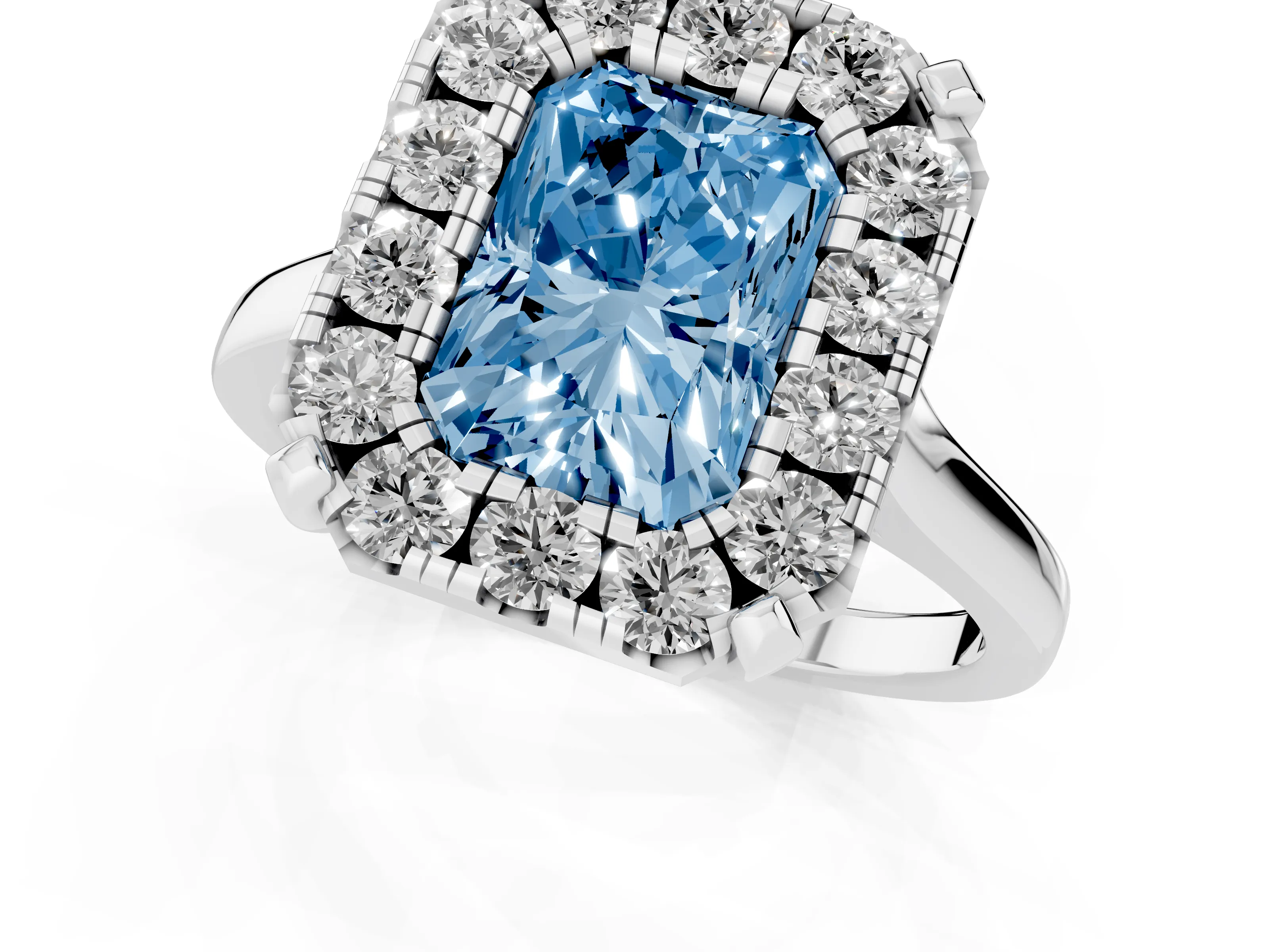 Fancy Blue Radiant Cut Diamond Cluster Halo Solitaire Ring Set in White gold with Prong Setting