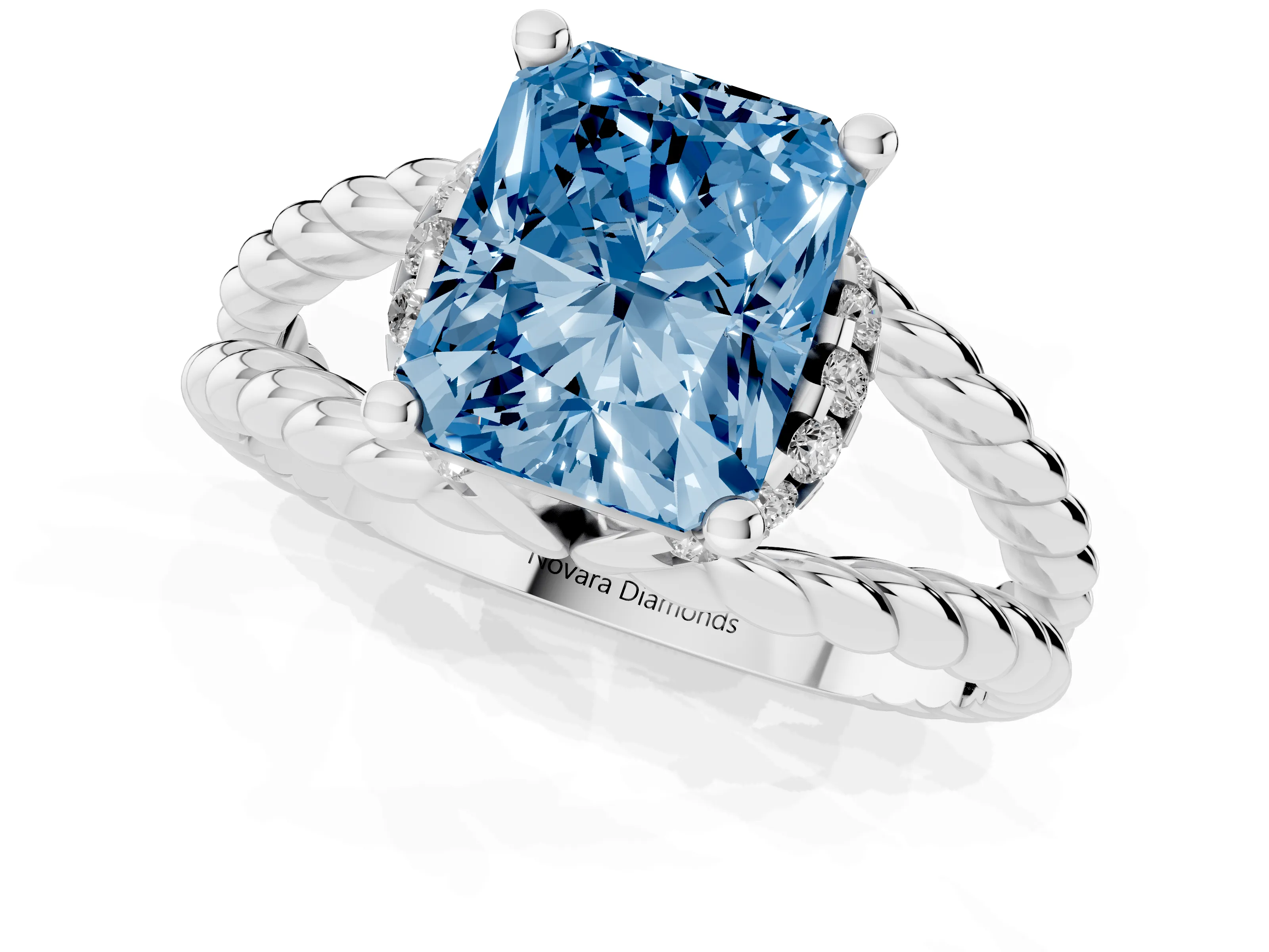 Fancy Blue Radiant Cut Diamond Halo Ring Set in White gold with Twisted Band and Prong Setting