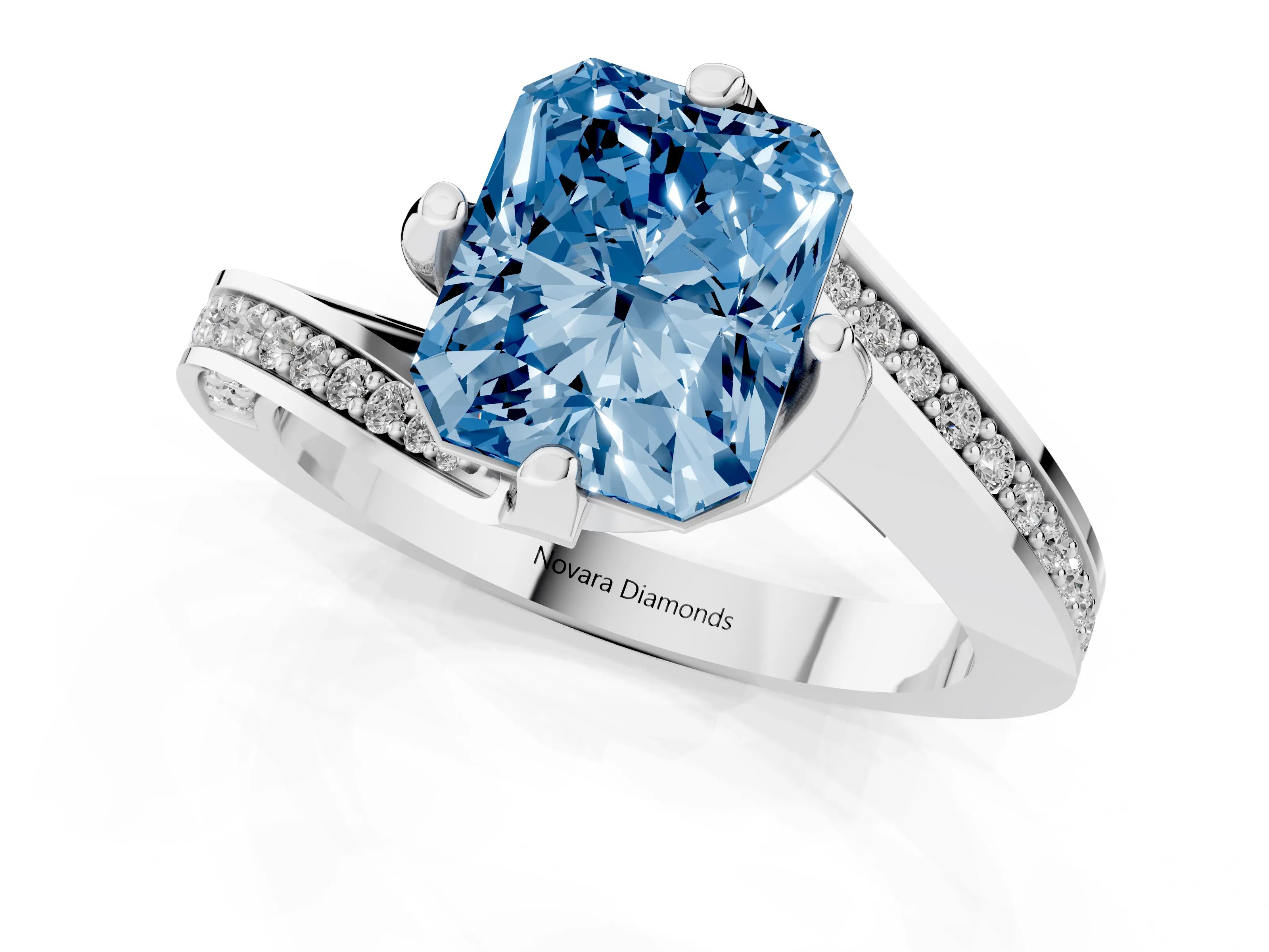 Fancy Blue Radiant Cut Diamond Solitaire Ring Set in Platinum with Intertwined Pavé Twist Band