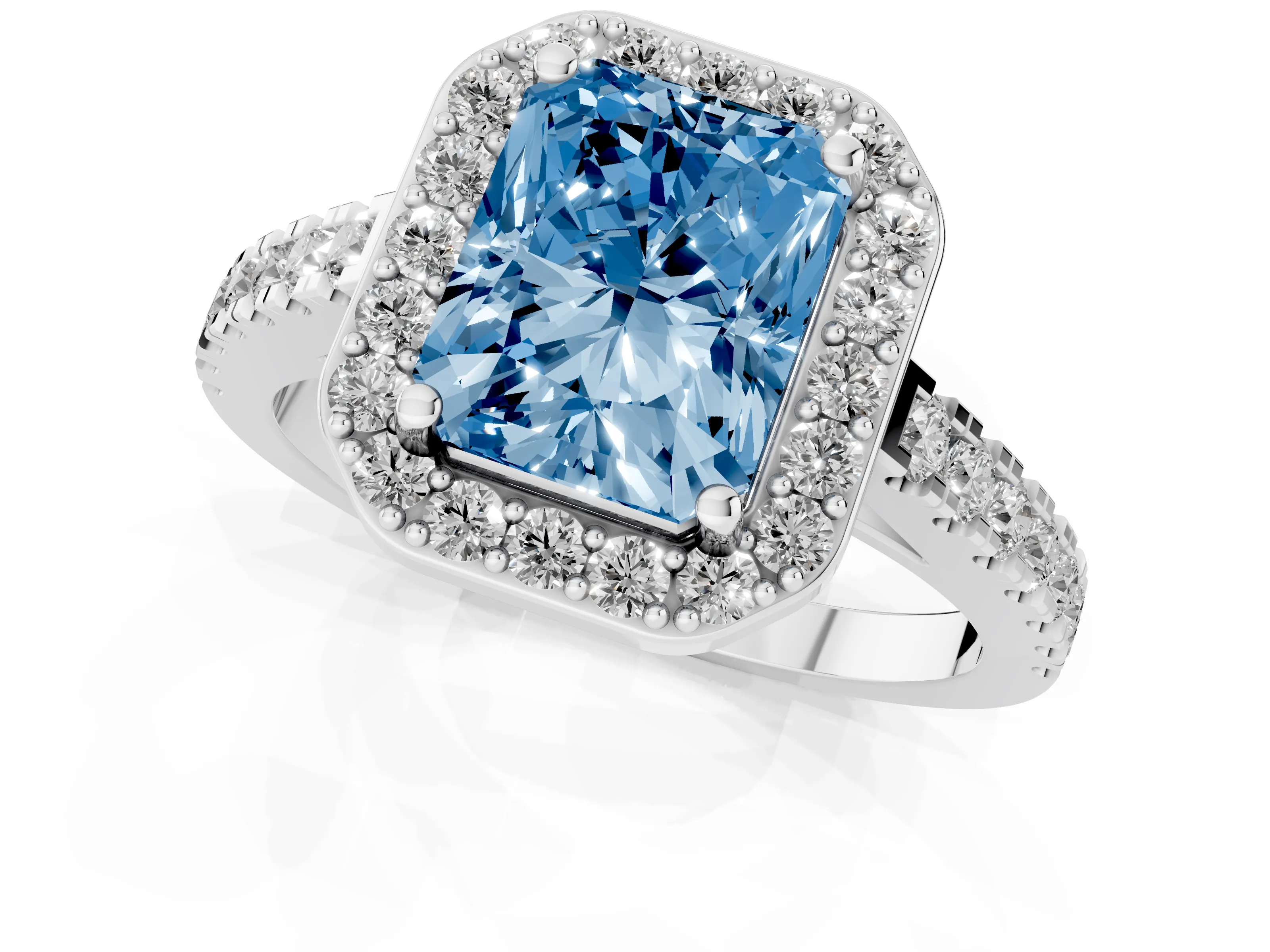 Fancy Blue Radiant Cut Diamond Halo Ring Set in Platinum with Round Pavé Split Shank and Prong Setting