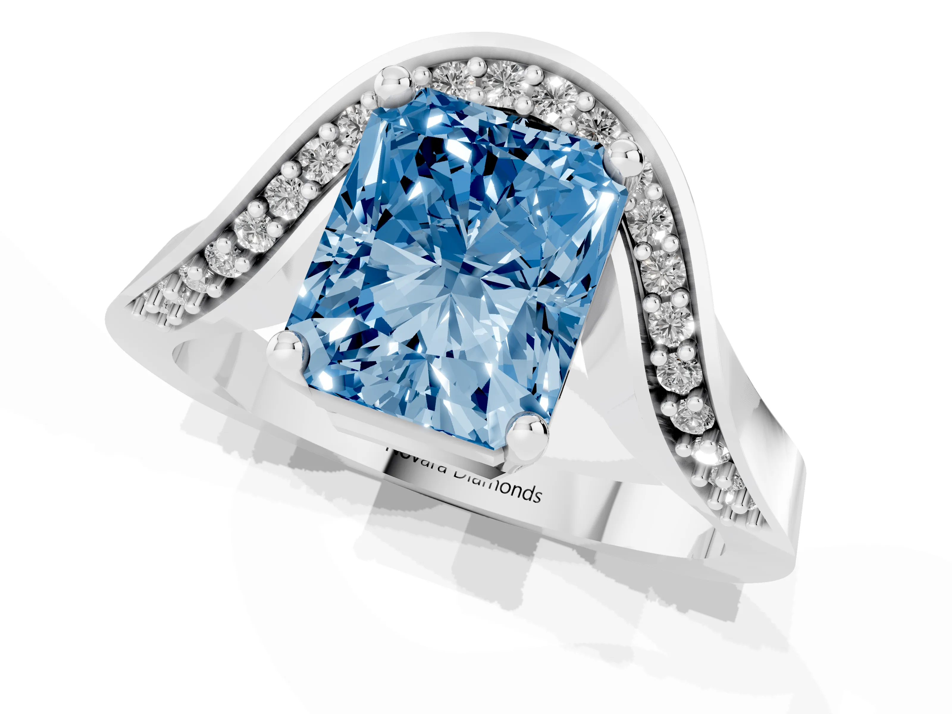 Fancy Blue Radiant Cut Diamond Solitaire Engagement Ring Set in Platinum with Pavé Shoulders