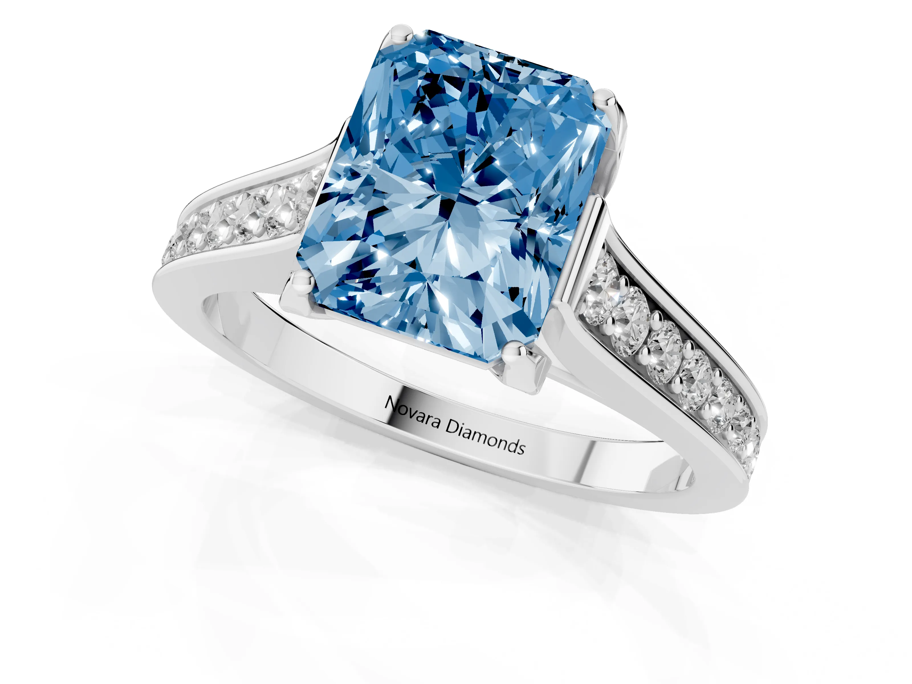 Fancy Blue Radiant Cut Diamond Solitaire Pavé Engagement Ring Set in Platinum with Prong Setting