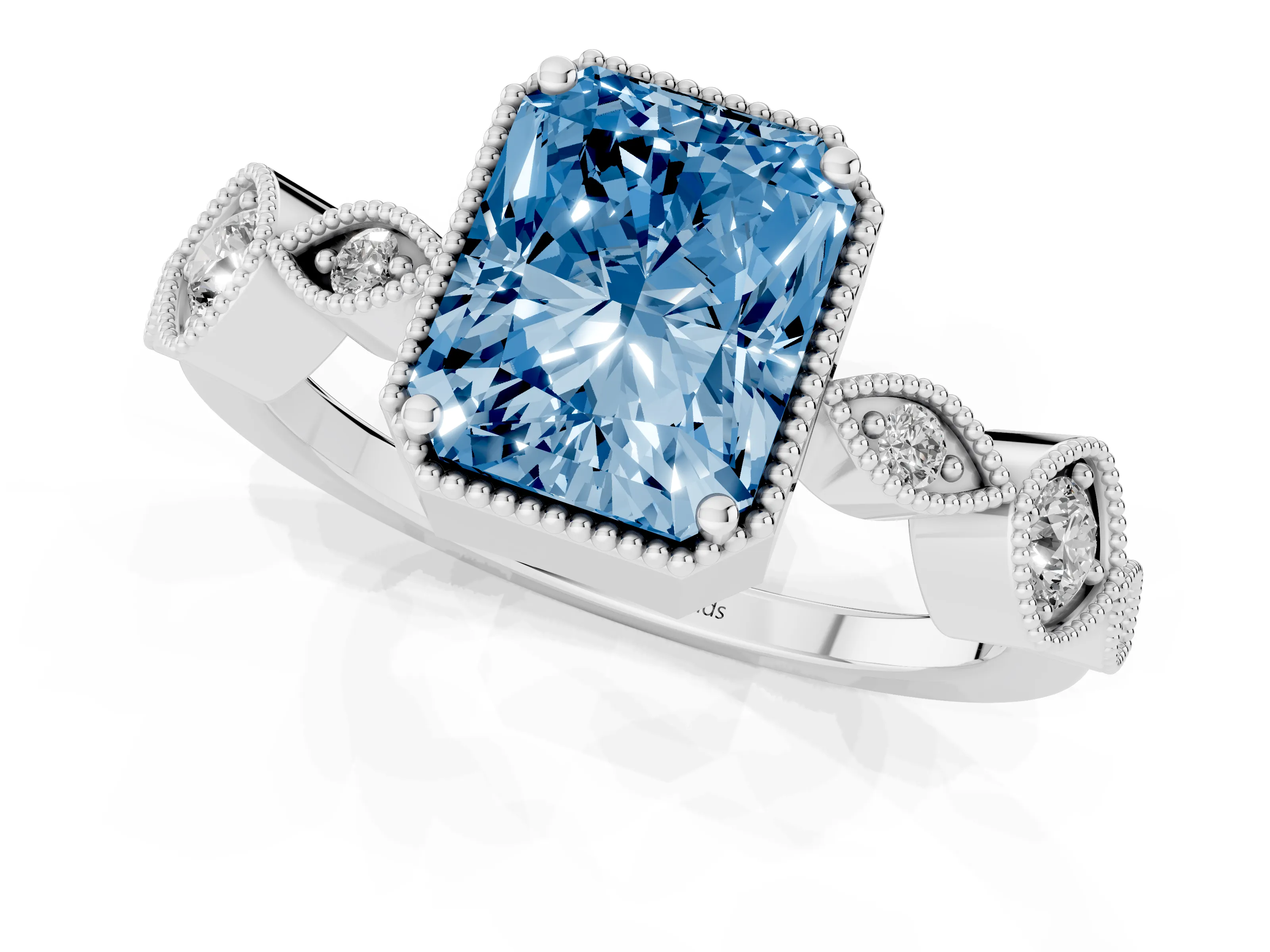 Fancy Blue Radiant Cut Diamond Vintage-Inspired Milgrain Ring Set in Platinum with Marquise Stations of Round Accents