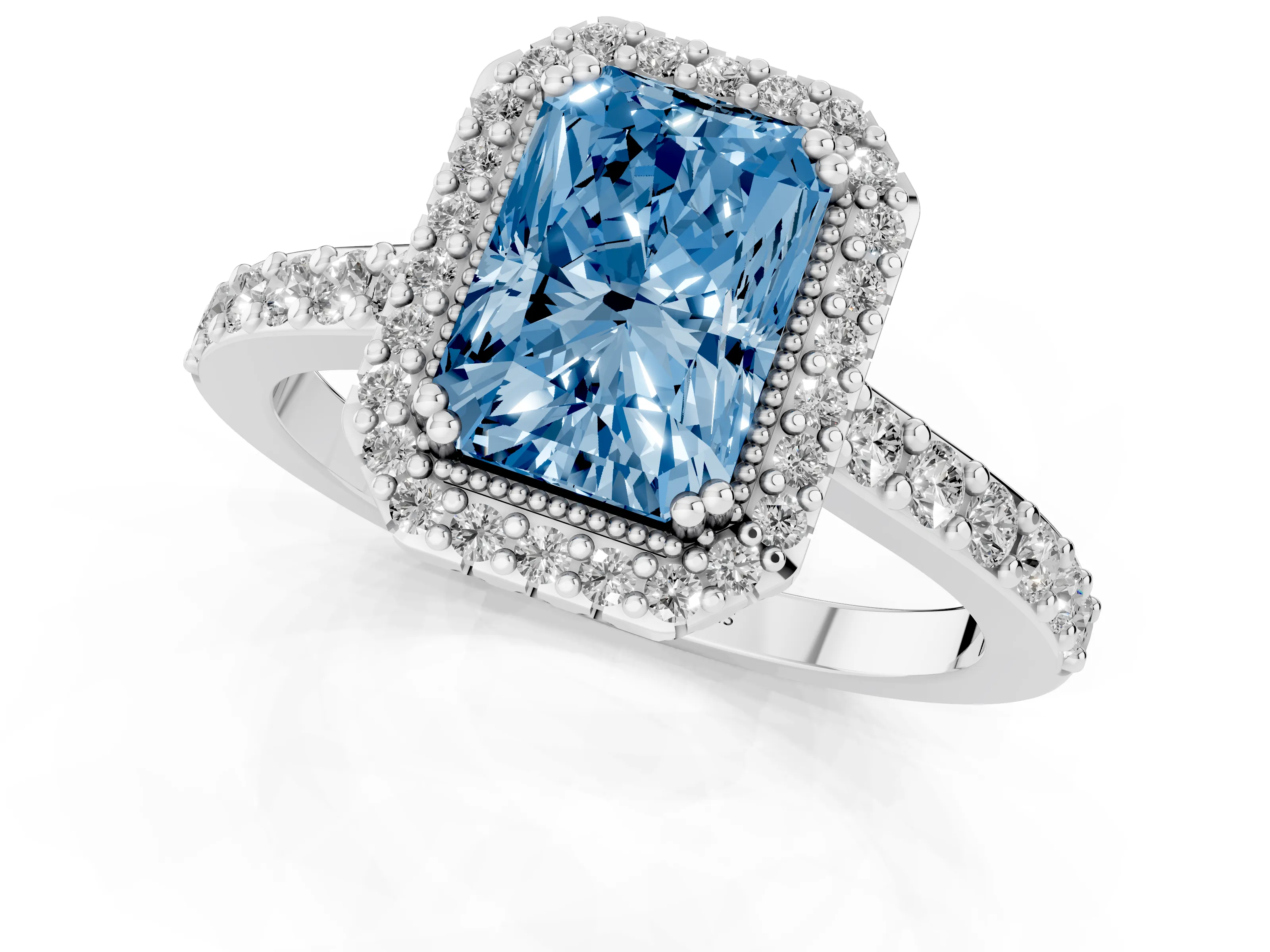 Fancy Blue Radiant Cut Diamond Halo Engagement Ring Set in White gold with Milgrain Detail and Pavé Band