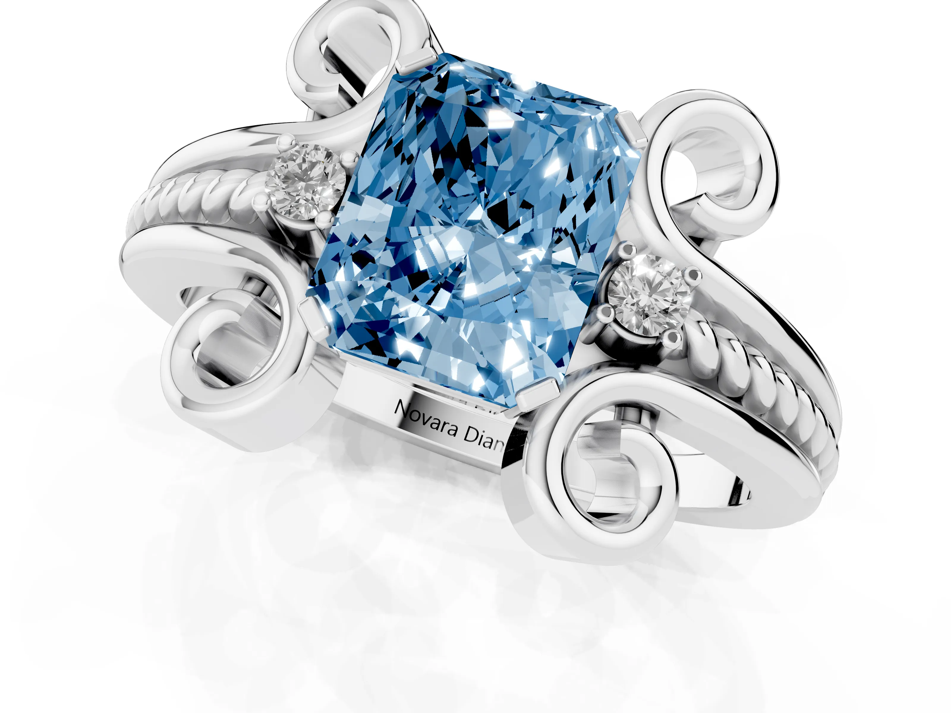 Fancy Blue Radiant Cut Diamond Twisted Band Solitaire Ring Set in Platinum with Scroll Prongs