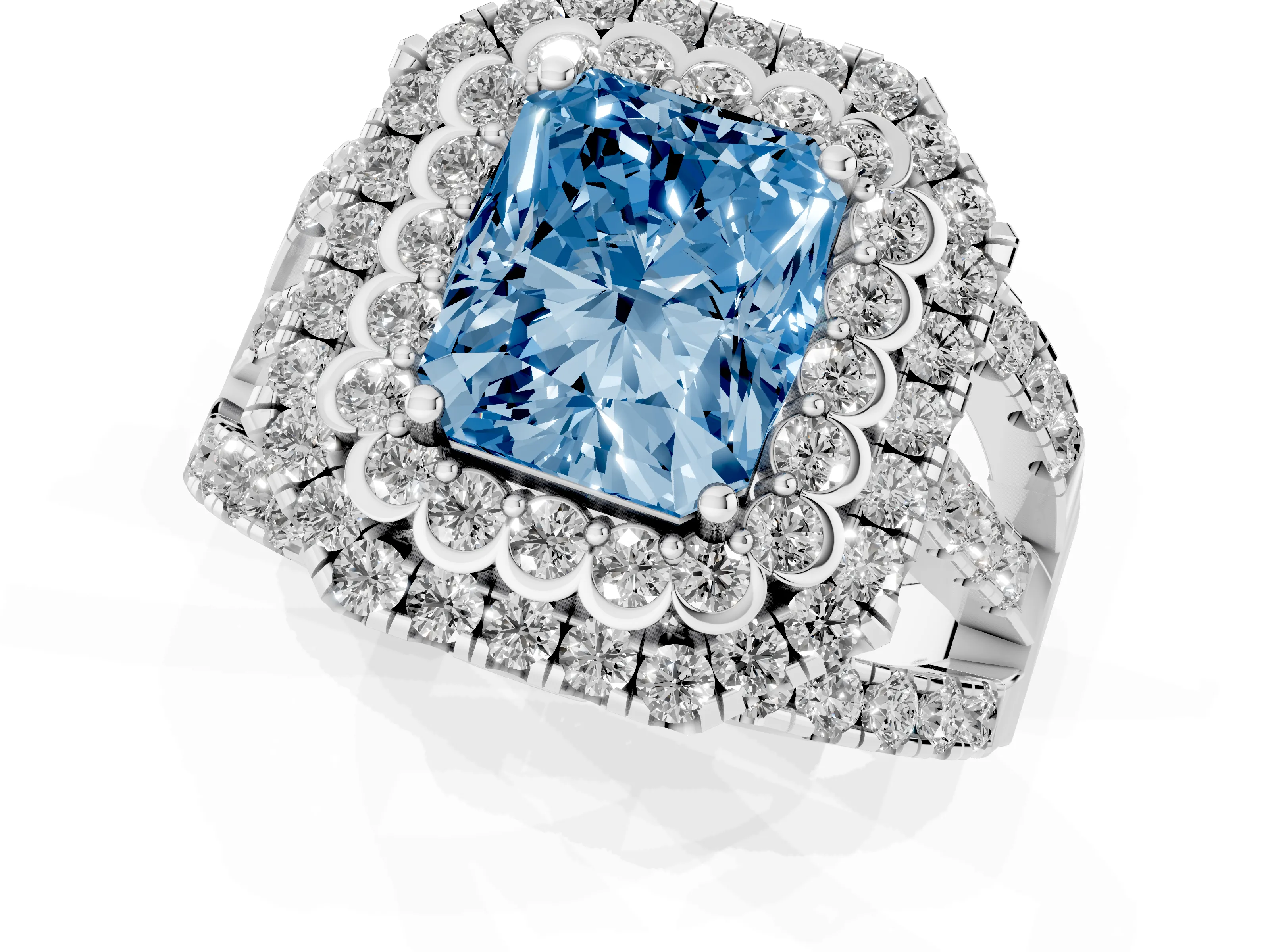 Fancy Blue Radiant Cut Diamond Double Halo Ring Set in White gold with Round Pavé Split Shank