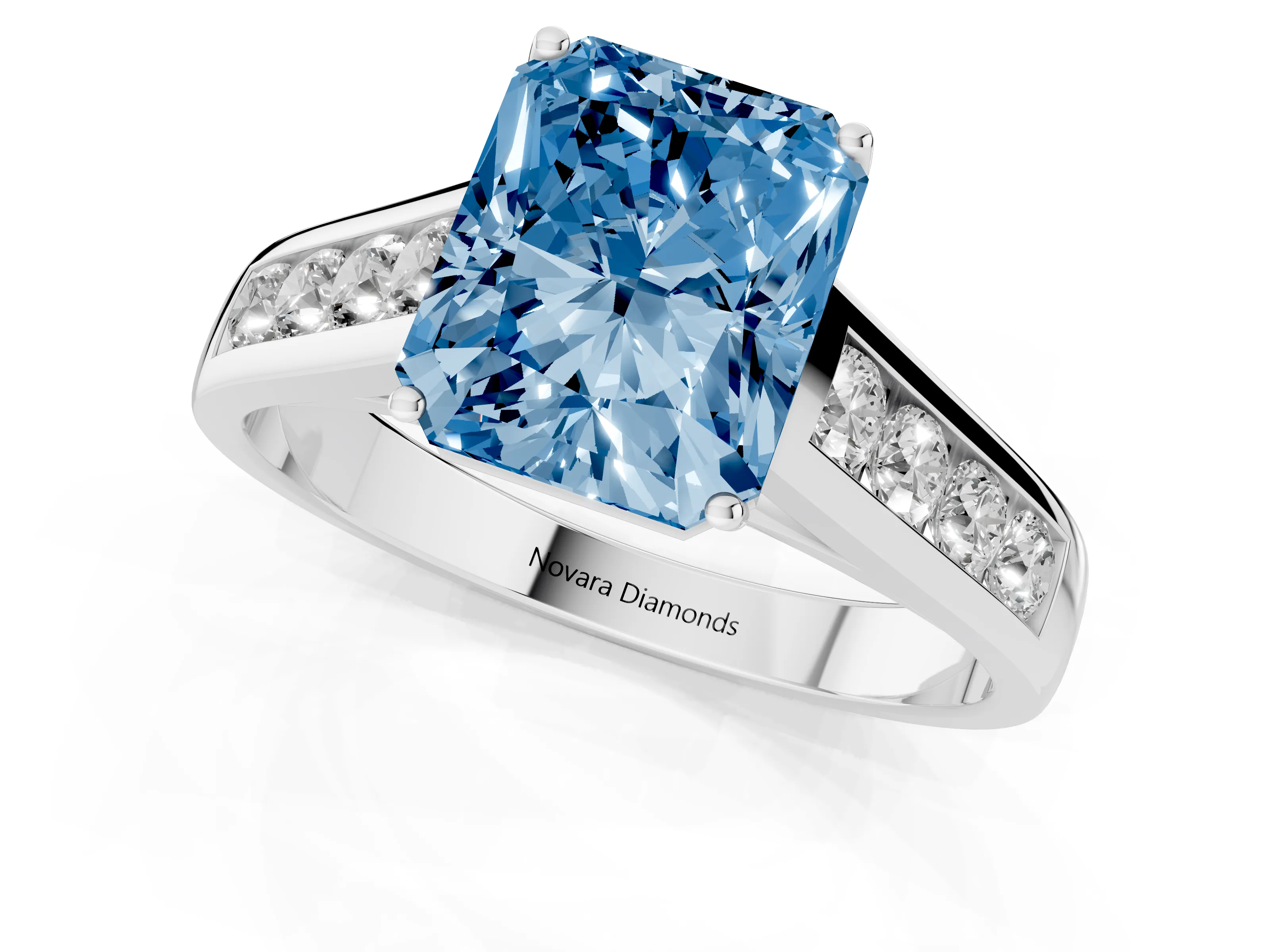 Fancy Blue Radiant Cut Diamond Brilliant Channel-Set Solitaire Ring Set in White gold with Prong Setting