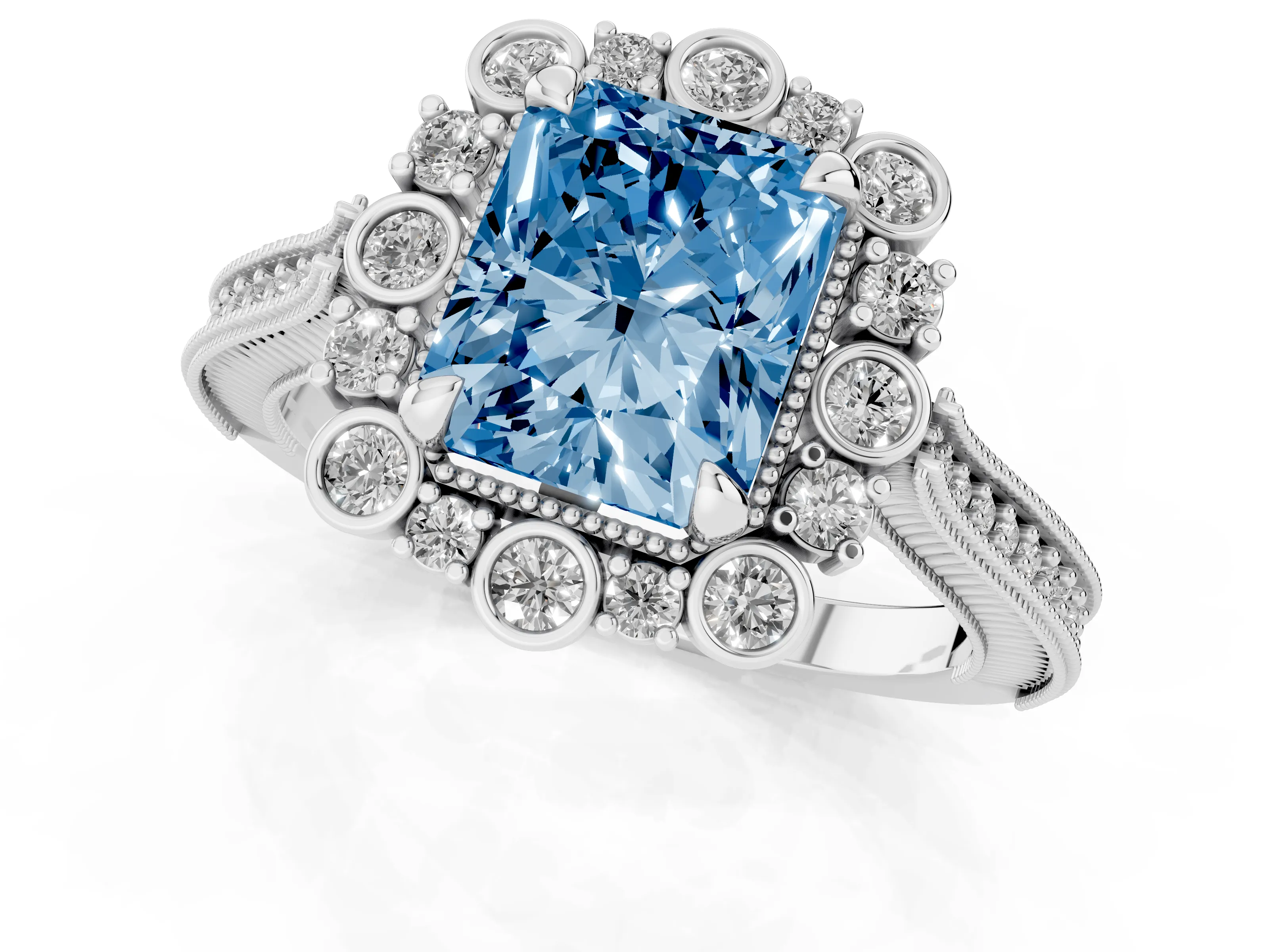 Fancy Blue Radiant Cut Diamond Halo Milgrain Pavé Ring Set in White gold with Prong Setting