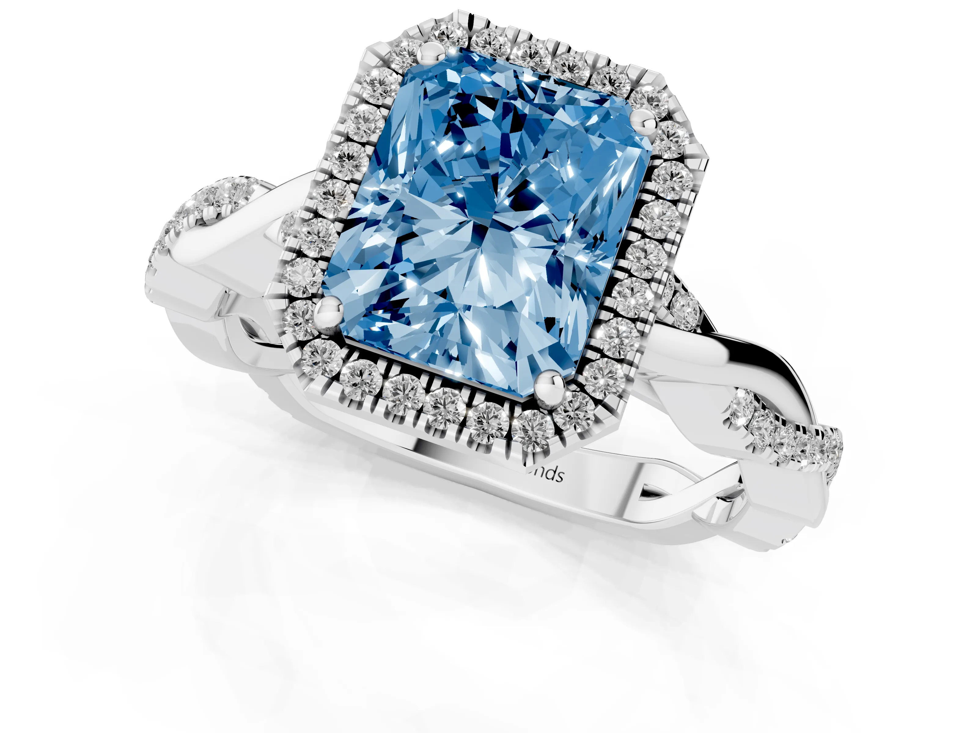 Fancy Blue Radiant Cut Diamond Halo Twisted Band Ring Set in Platinum with Prong Setting