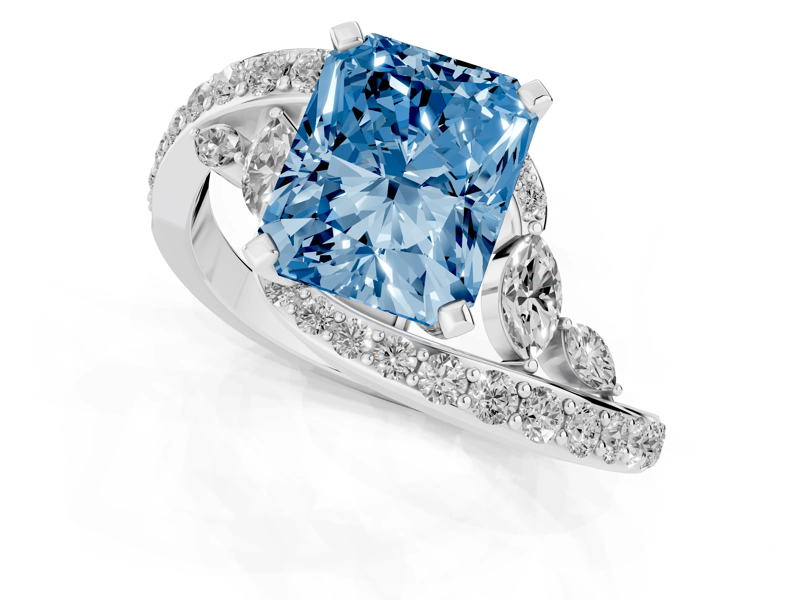Fancy Blue Radiant Cut Diamond Solitaire Ring Set in Platinum with Pavé Twist Band and Secure Prong Setting