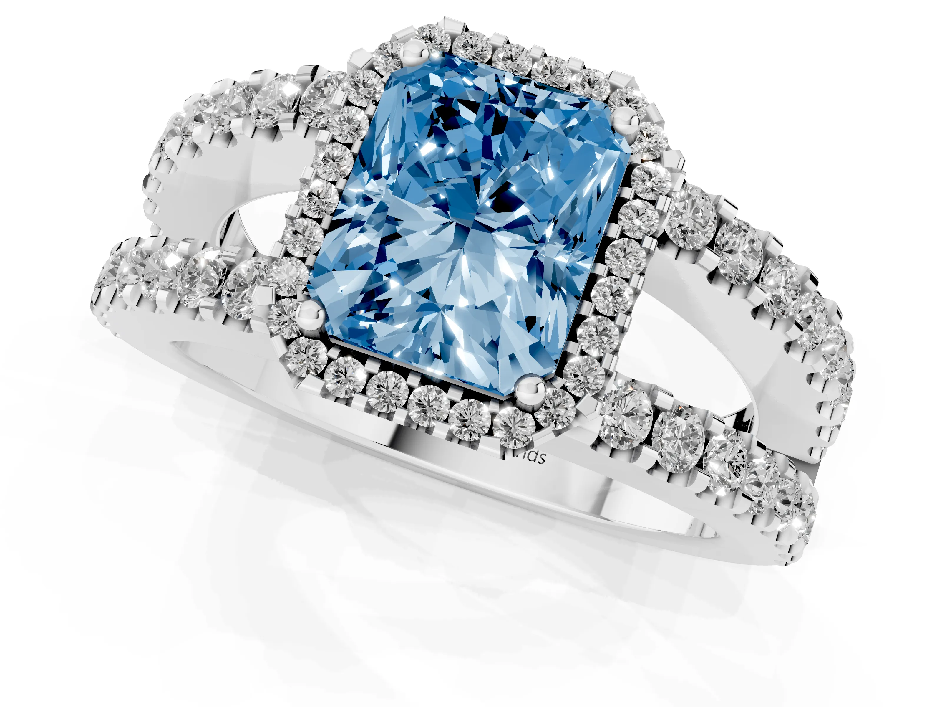 Fancy Blue Radiant Cut Diamond Halo Ring Set in Silver with Pavé Split Shank and Prong Setting