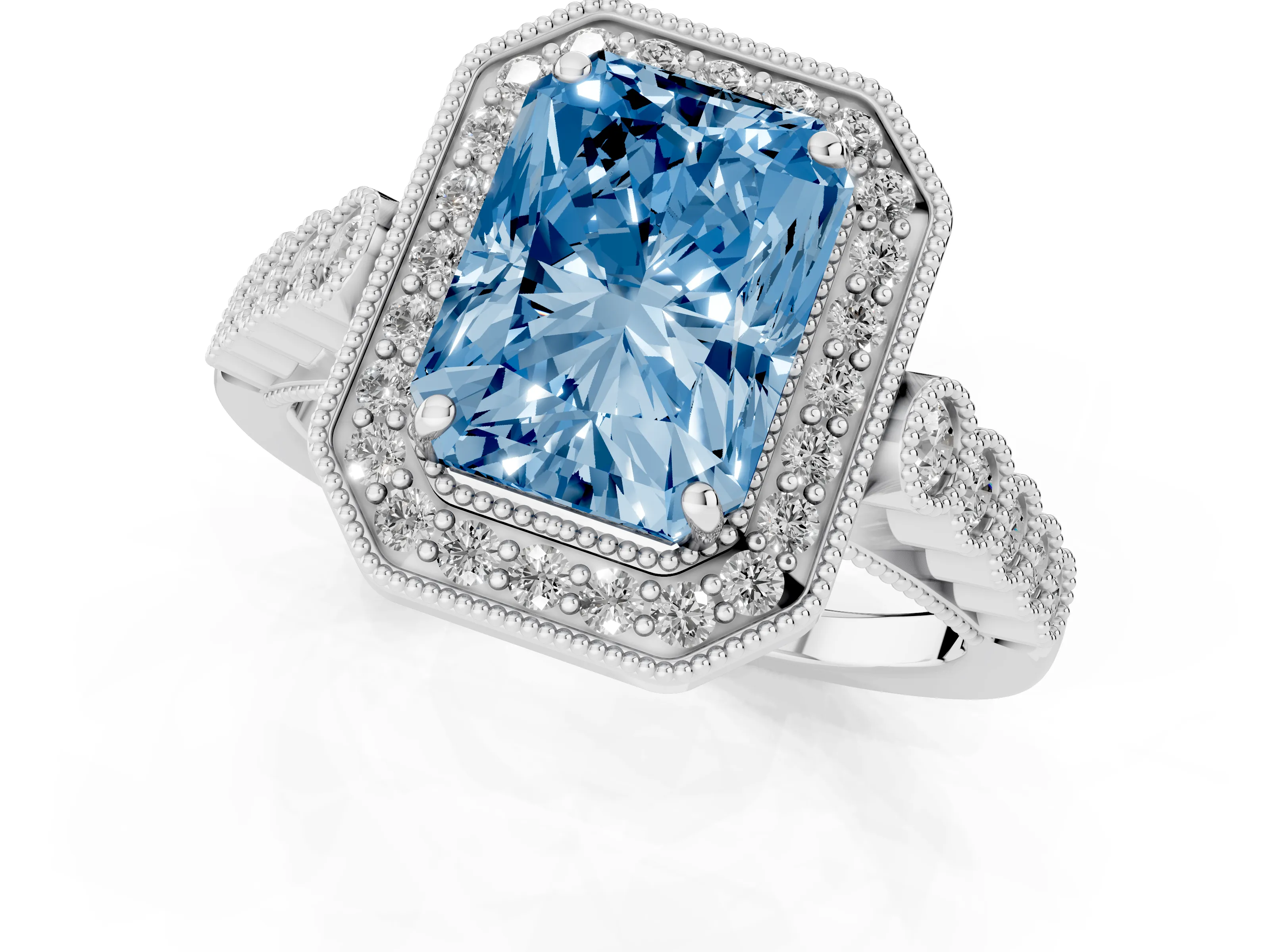 Fancy Blue Radiant Cut Diamond Milgrain Halo Solitaire Ring Set in Platinum with Bezel Set Side Stones and Pavé Band