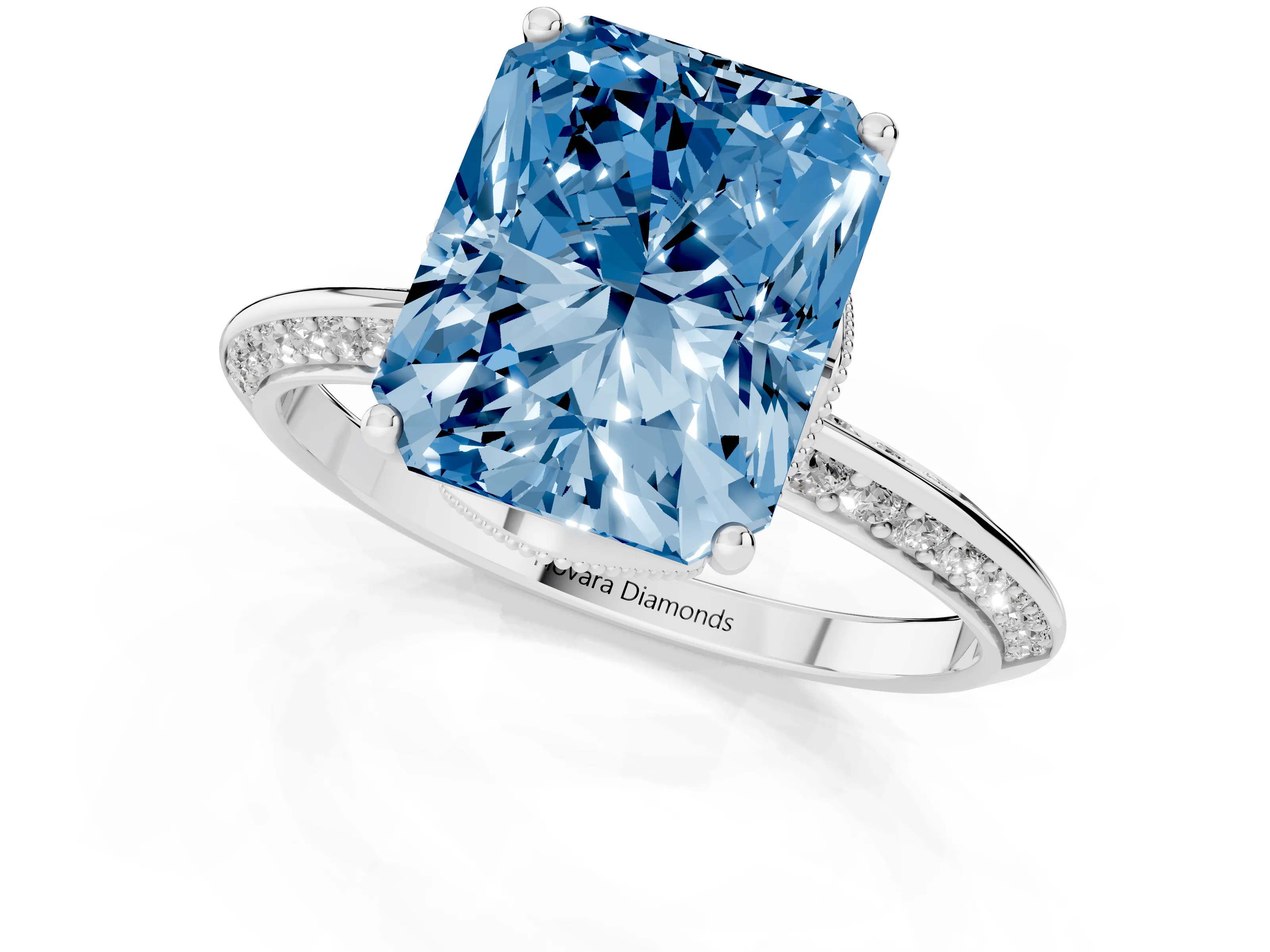 Fancy Blue Radiant Cut Diamond Solitaire Engagement Ring Set in Silver with Pavé Split Shank and Prong Setting