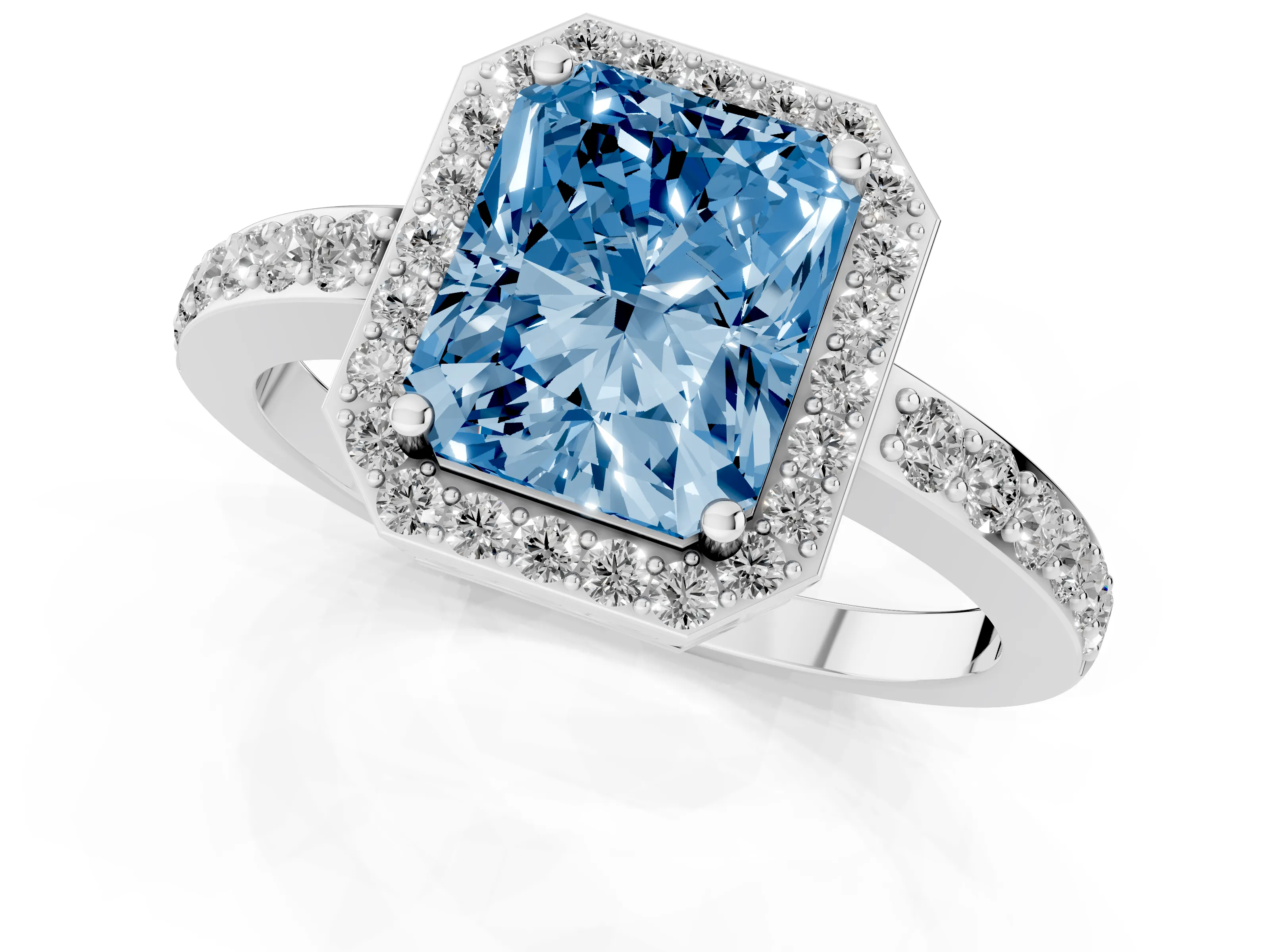 Fancy Blue Radiant Cut Diamond Halo Ring Set in White gold with Pavé-Setting Band and Open Prong Center
