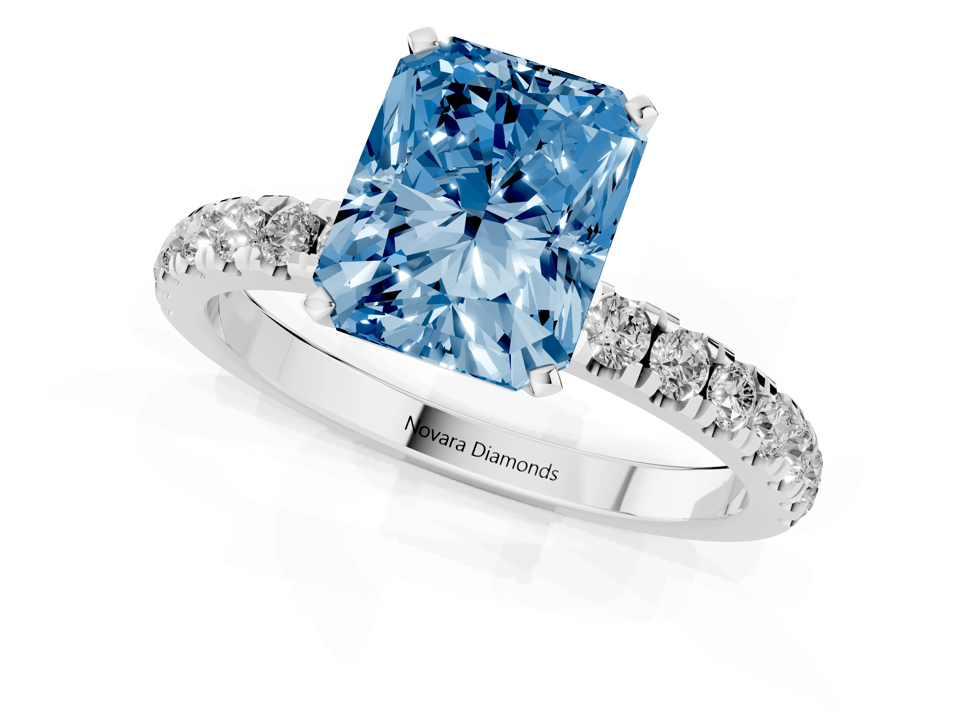 Fancy Blue Radiant Cut Diamond Solitaire Ring Set in Silver with Pavé Accents and Prong Setting