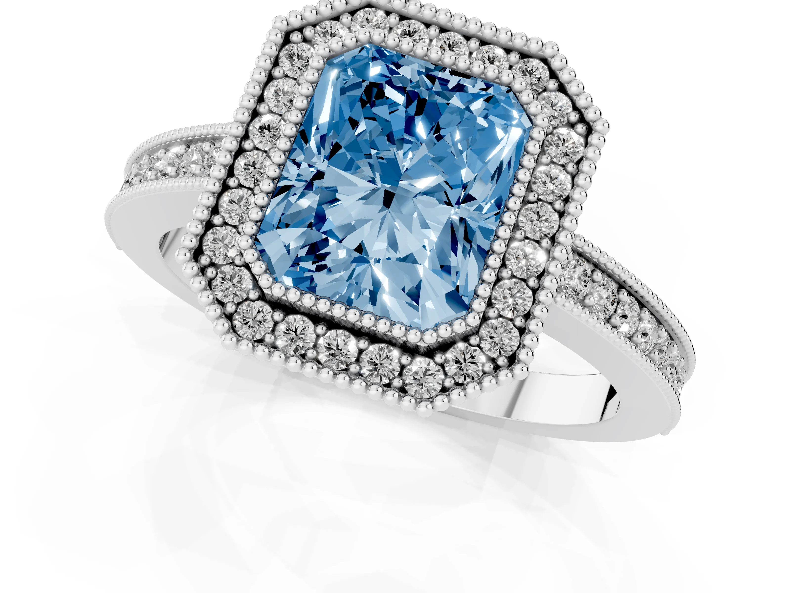 Fancy Blue Radiant Cut Diamond Round Halo Ring Set in White gold with Pavé Band