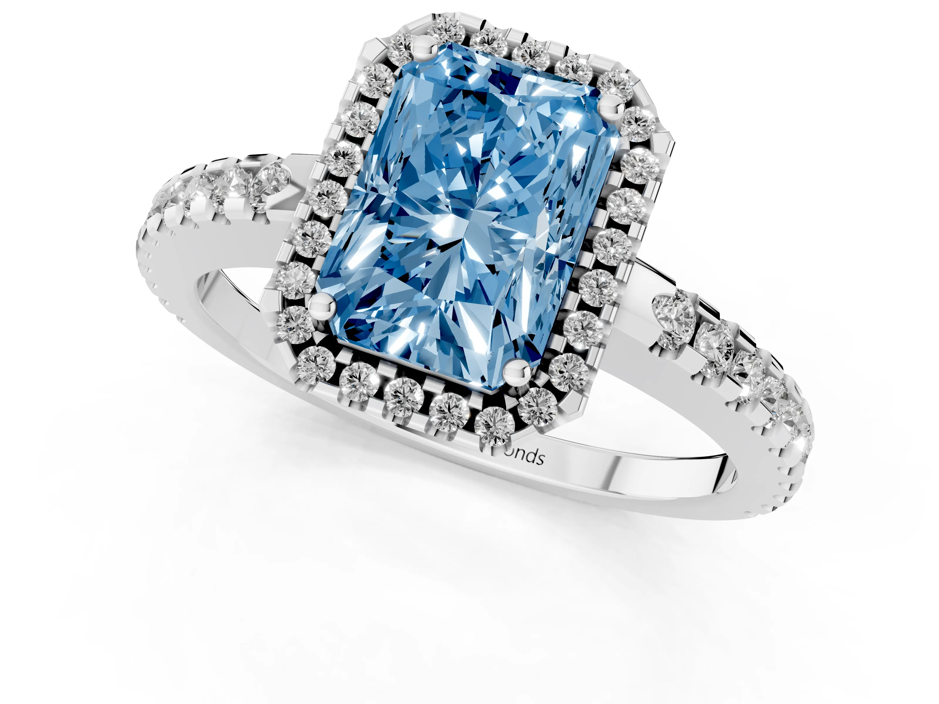 Fancy Blue Radiant Cut Diamond Halo Ring Set in Platinum with Pavé Shoulders and Halo-Framed Center