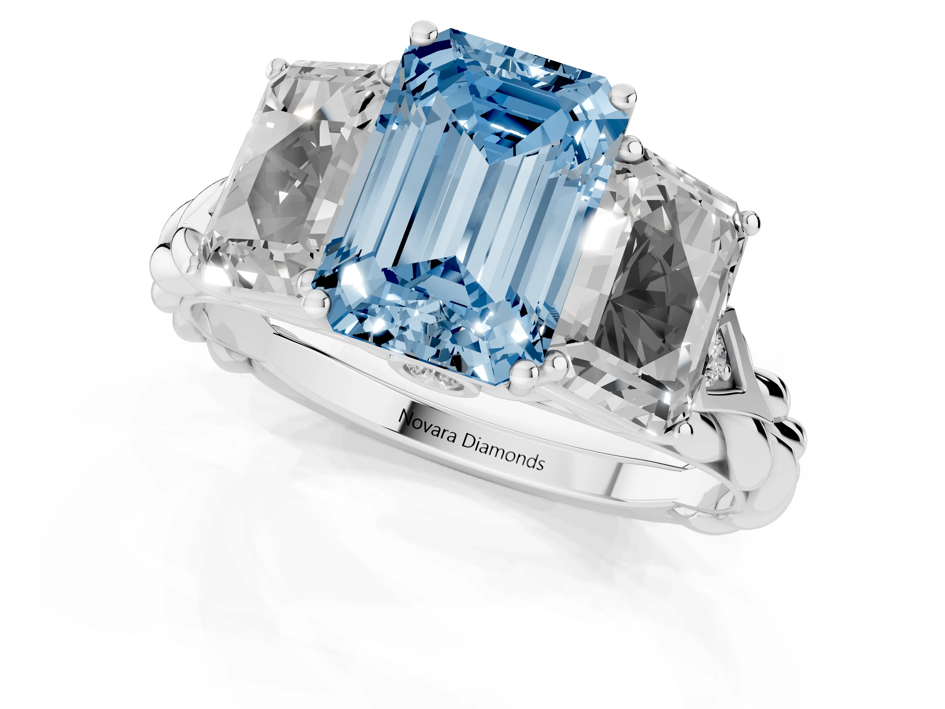 Fancy Blue Radiant Cut Diamond Three-Stone Ring Set in Silver with Braided Band