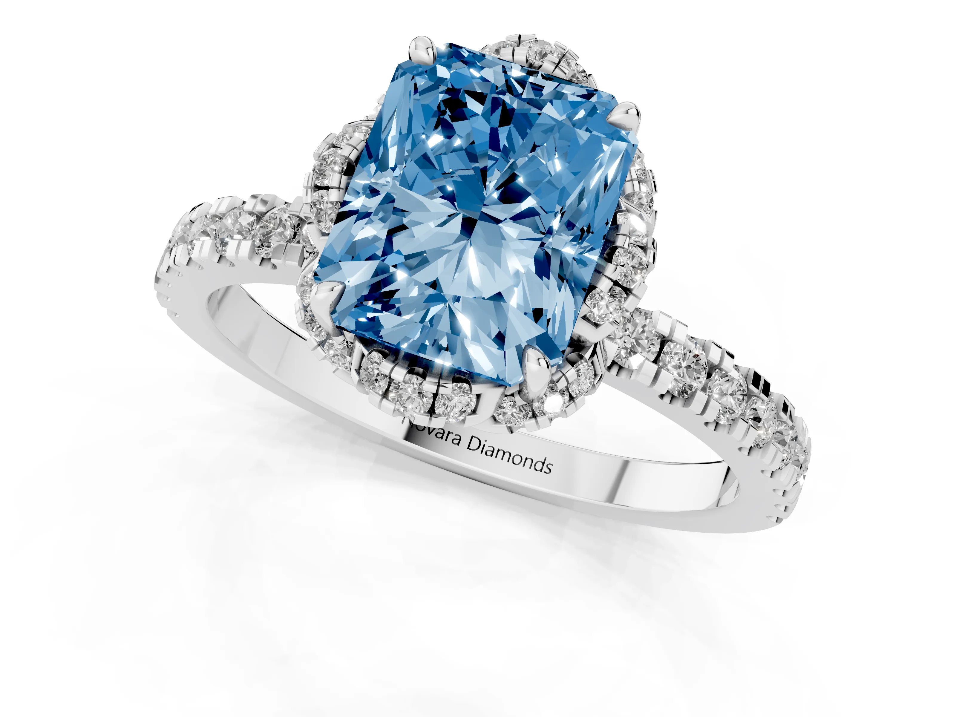Fancy Blue Radiant Cut Diamond Halo Pavé Band Ring Set in Silver with Prong-Held Center