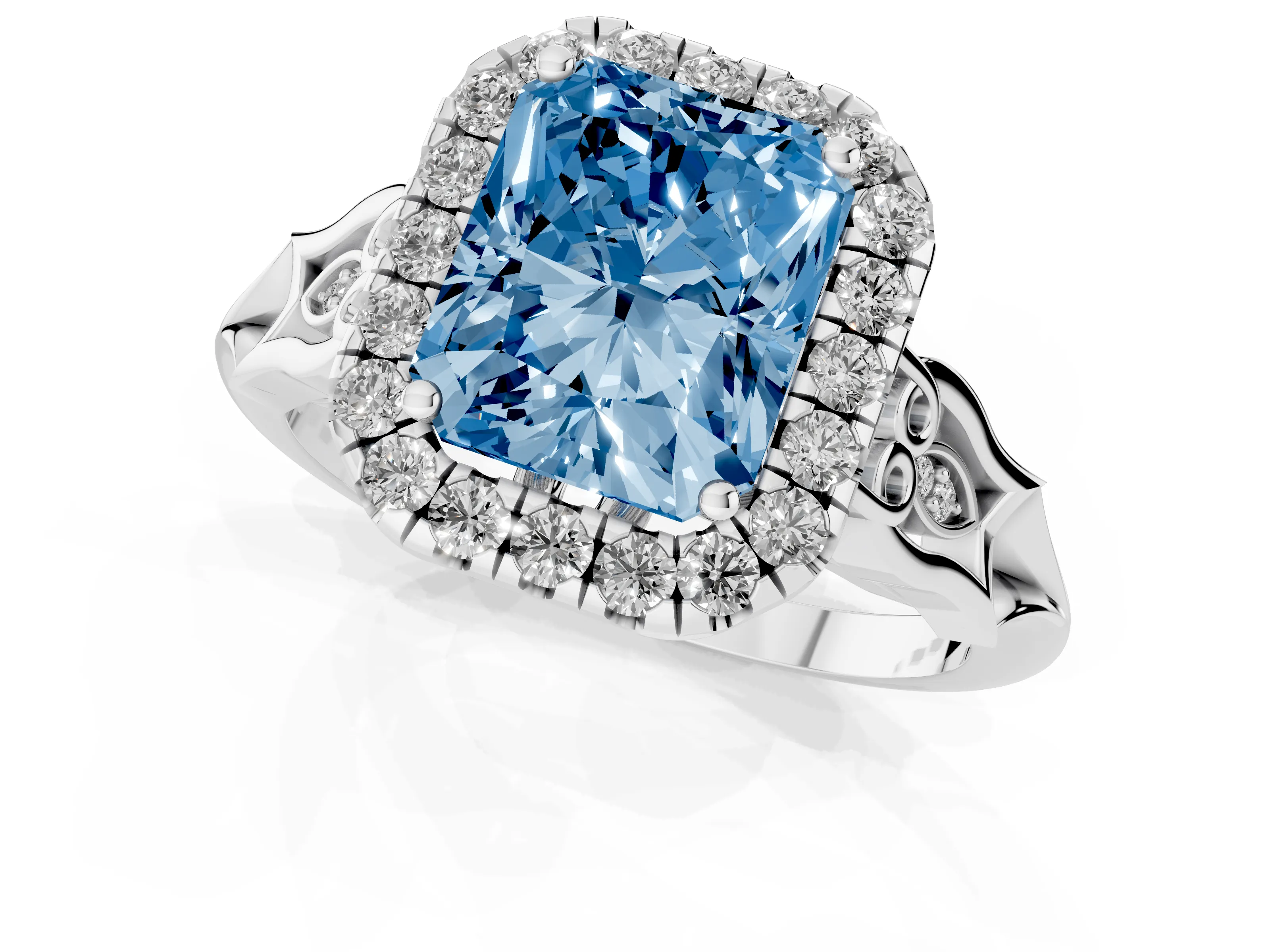 Fancy Blue Radiant Cut Diamond Halo Engagement Ring Set in White gold with Filigree Band and Prong-Set Center