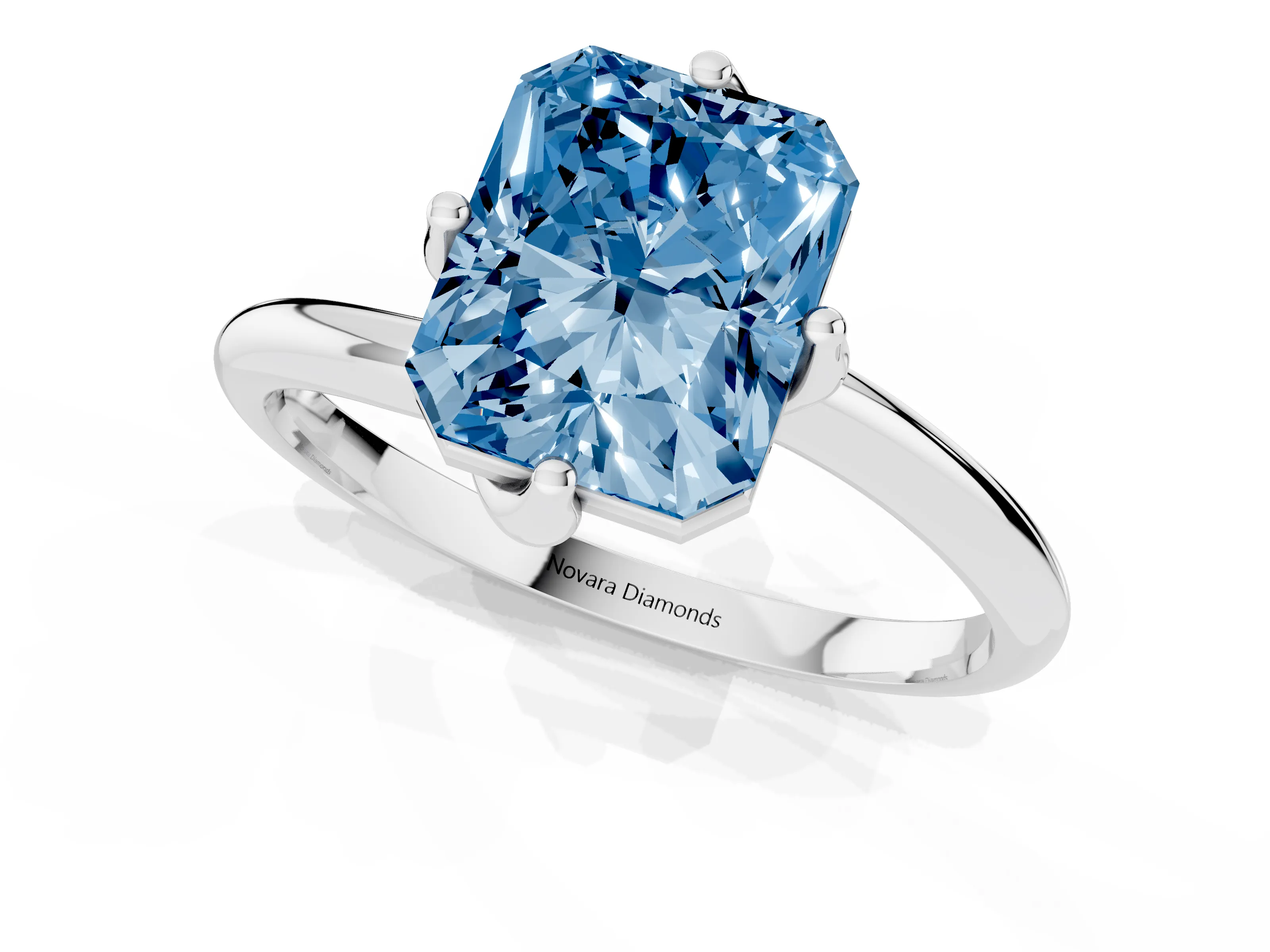 Fancy Blue Radiant Cut Diamond Solitaire Engagement Ring Set in Platinum with Classic Plain Band