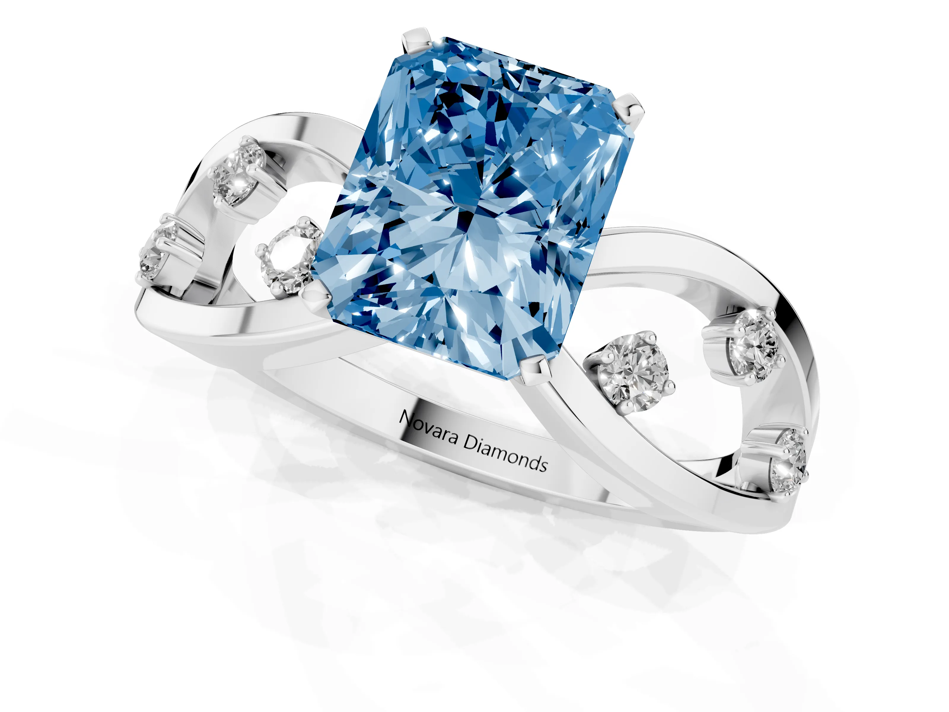 Fancy Blue Radiant Cut Diamond Solitaire Ring Set in Platinum with Side Stones on Criss-Cross Band and Prong Setting