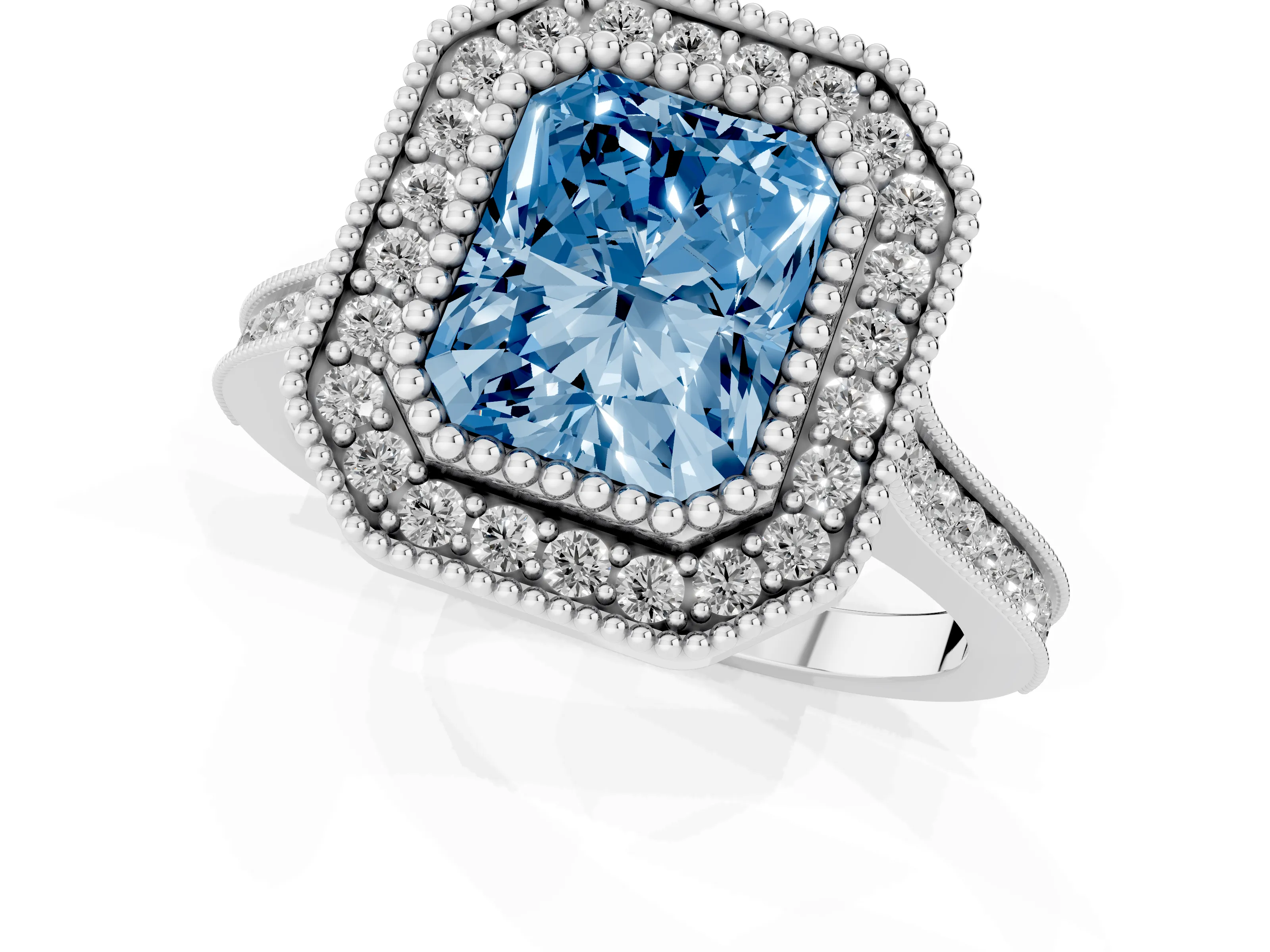 Fancy Blue Radiant Cut Diamond Halo Ring Set in White gold with Milgrain Frame and Pavé Band