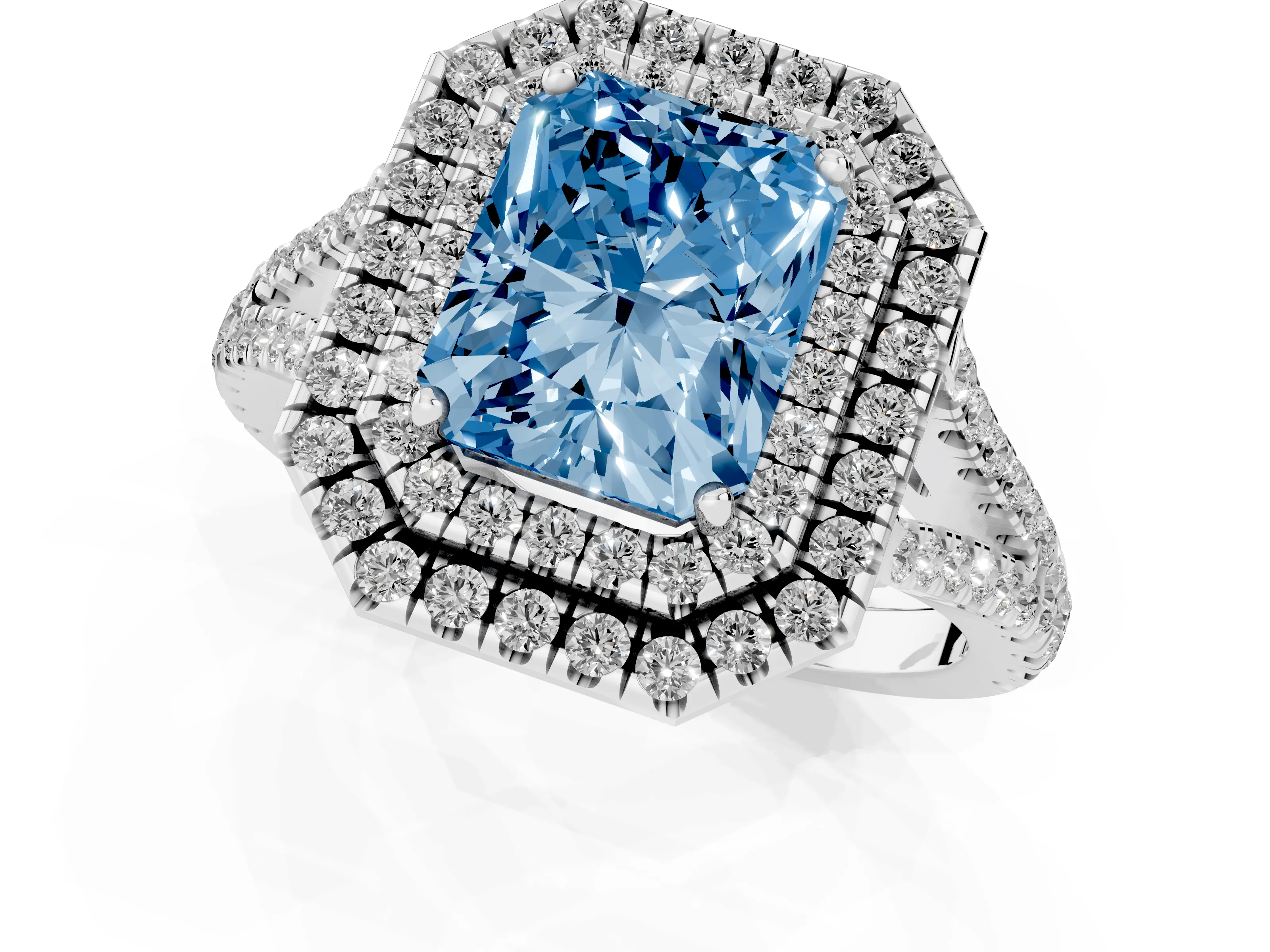 Fancy Blue Radiant Cut Diamond Double Halo Ring Set in Silver with Pavé Band