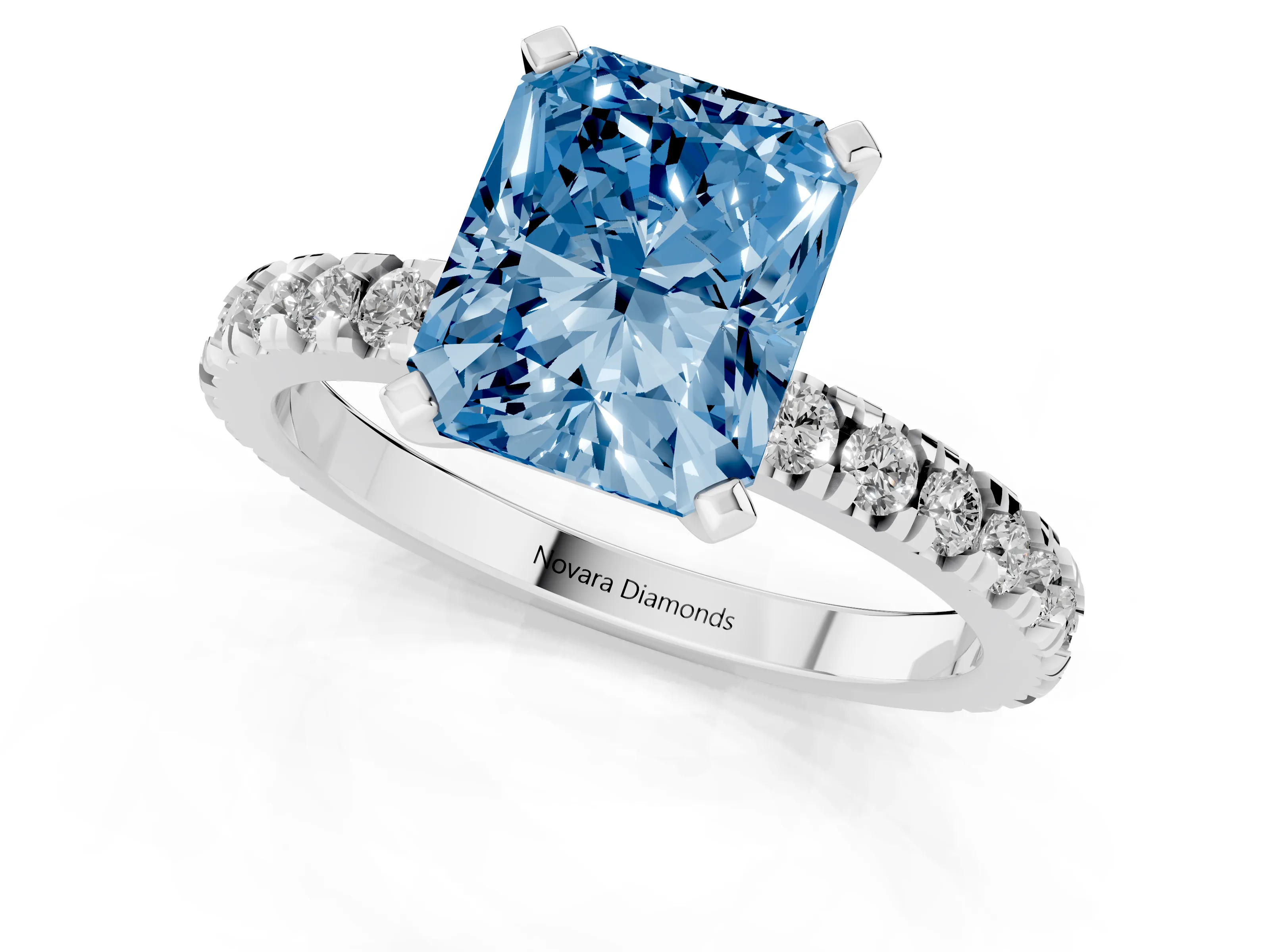 Fancy Blue Radiant Cut Diamond Pavé Band Solitaire Set in Silver with Prong Setting