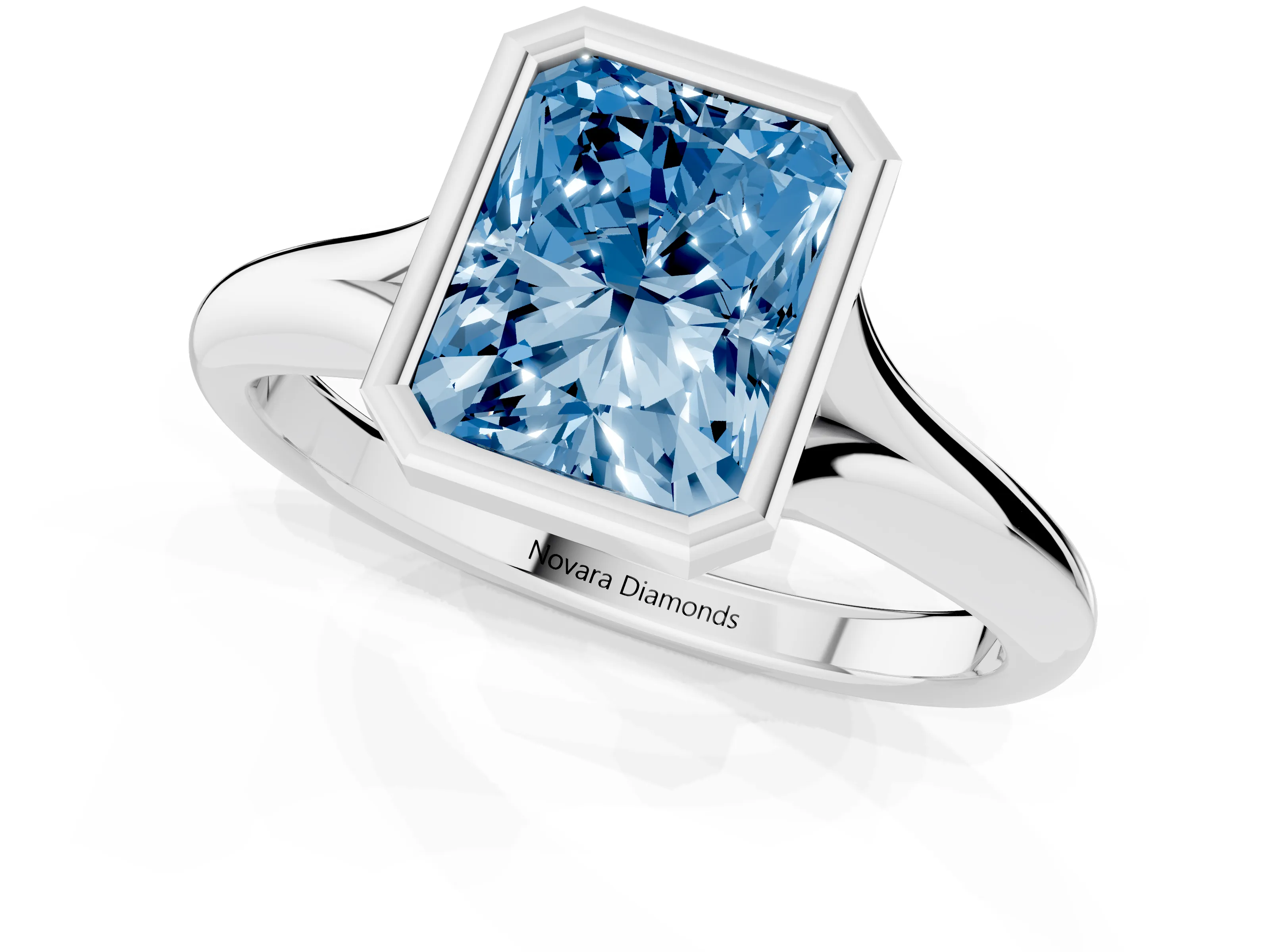 Fancy Blue Bezel Set Radiant Cut Diamond Solitaire Ring Set in Silver with Smooth Band