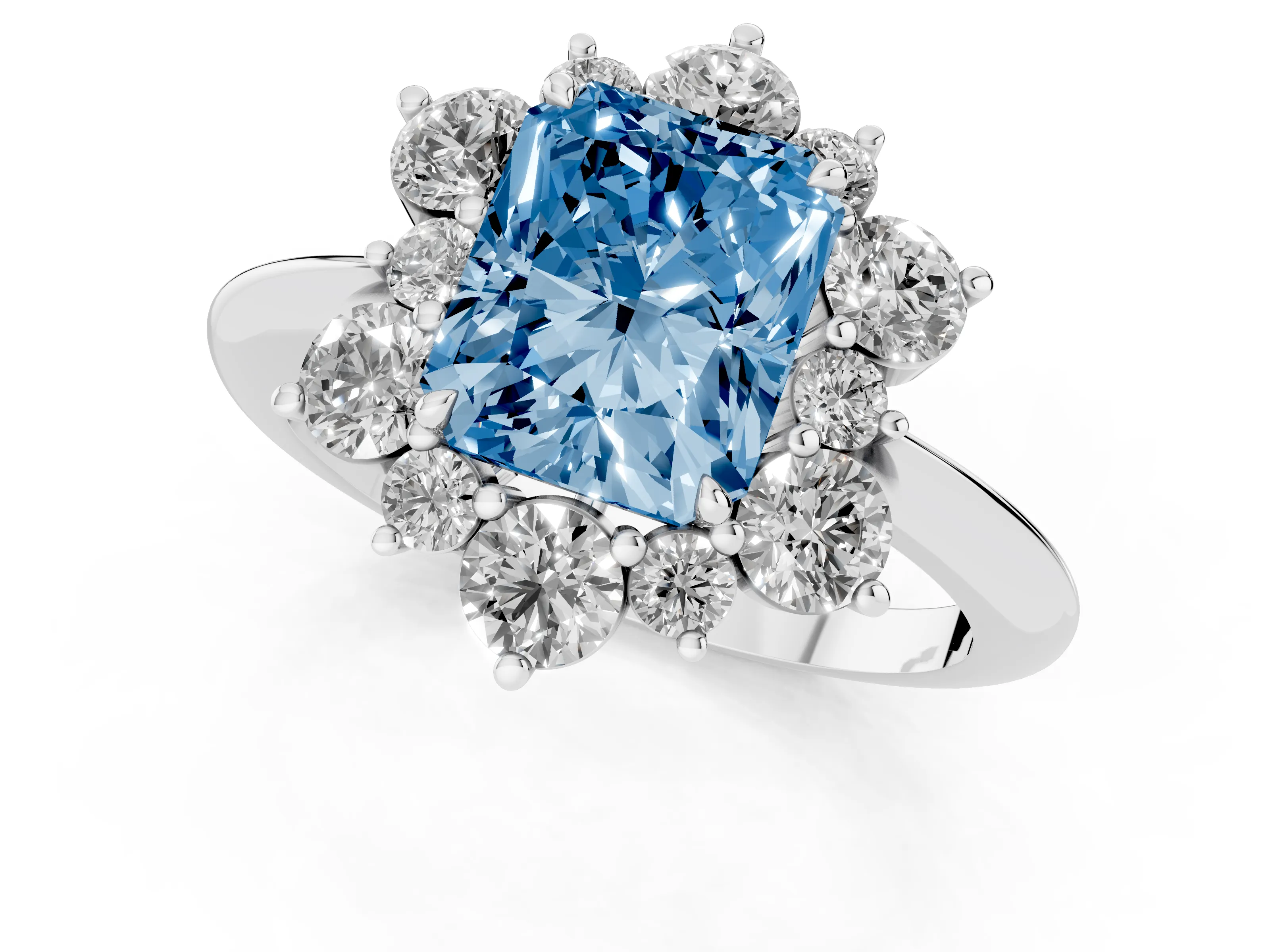 Fancy Blue Radiant Cut Diamond Cluster Halo Ring Set in Platinum with Solitaire Band and Prong Setting