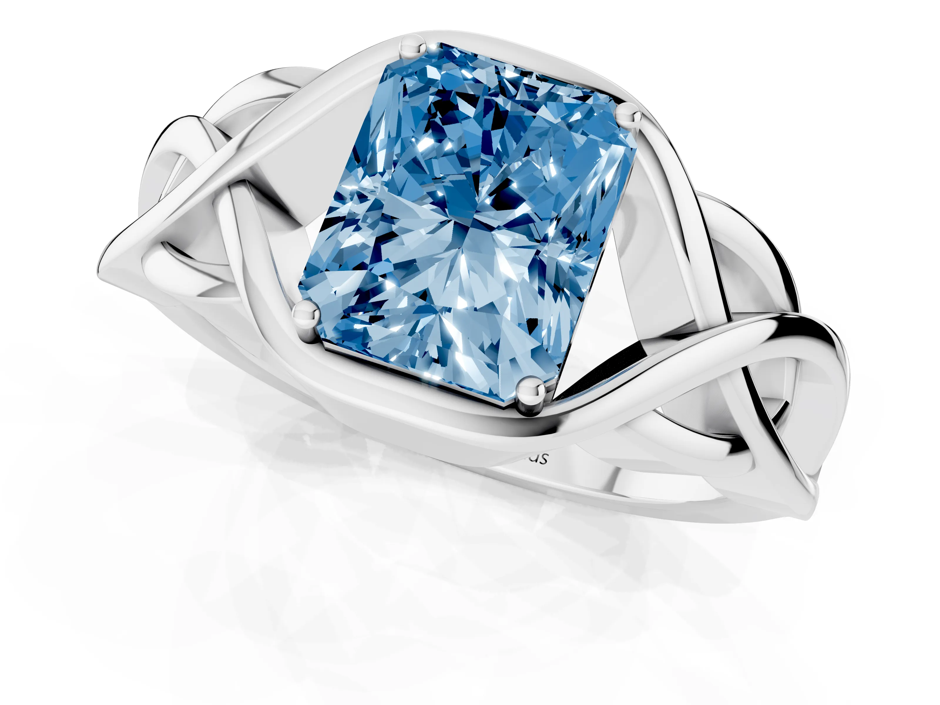 Fancy Blue Radiant Cut Diamond Solitaire Ring Set in Platinum with Intertwined Band