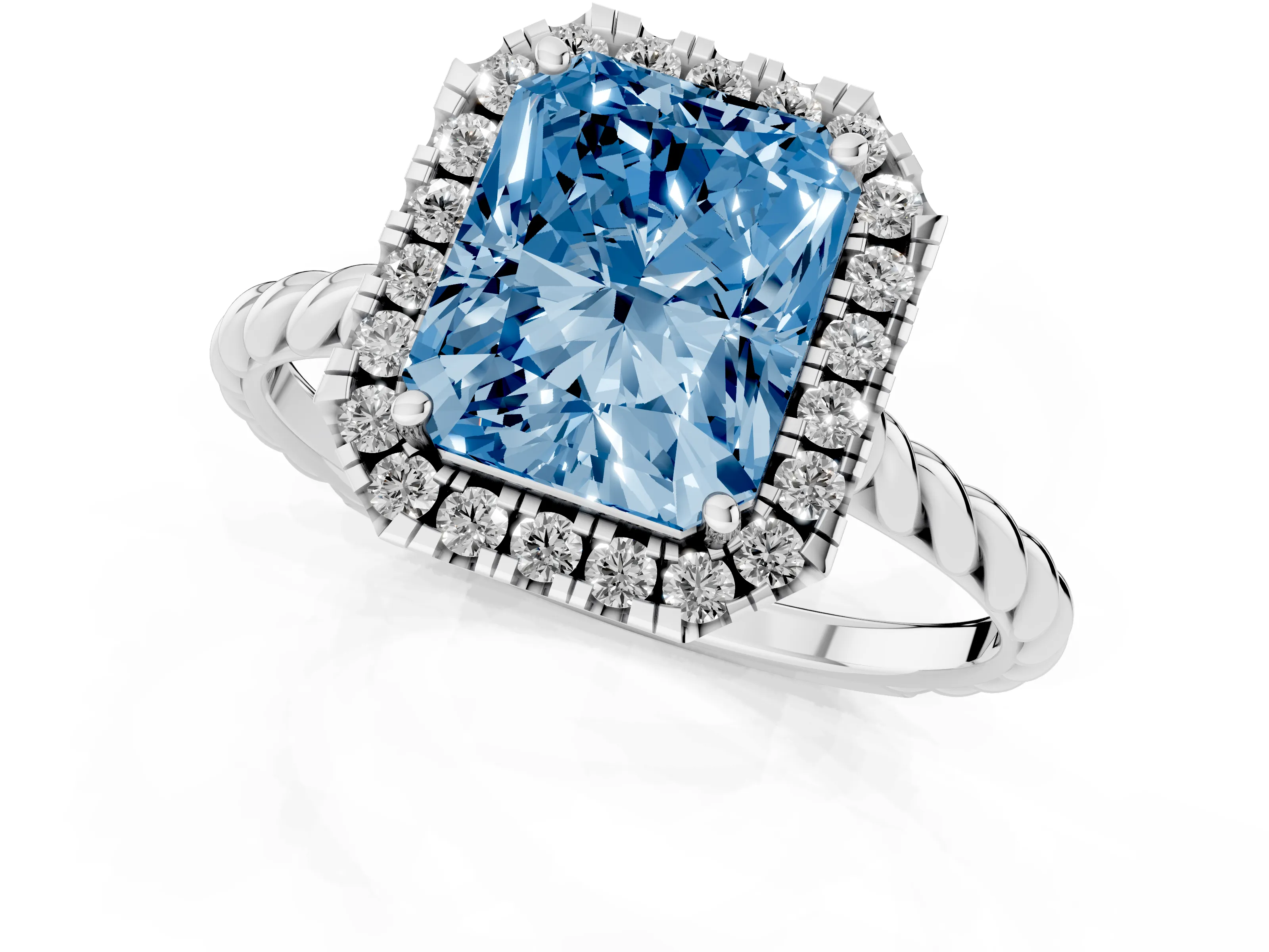 Fancy Blue Radiant Cut Diamond Halo Ring Set in Silver with Plain Twisted Band