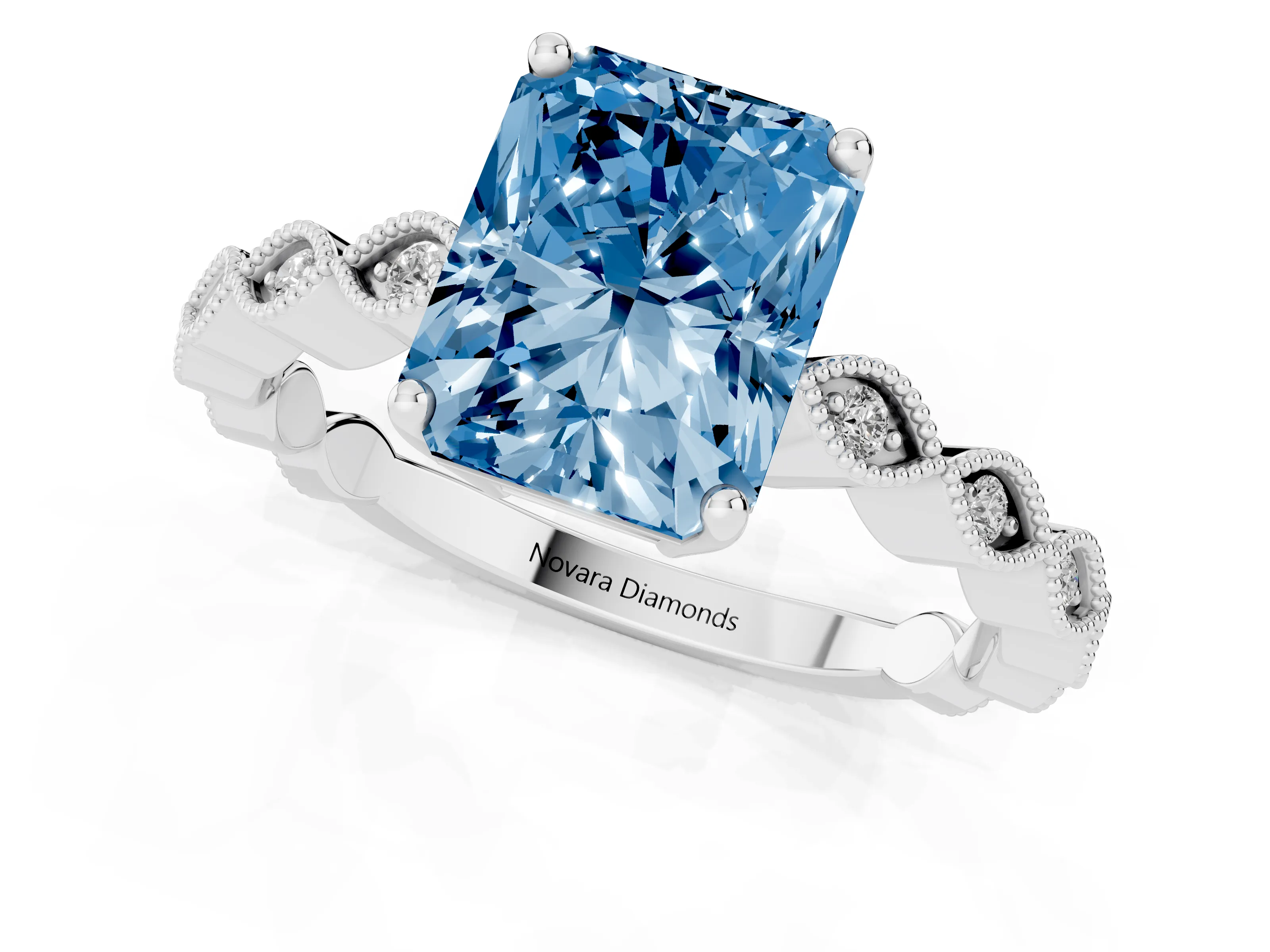 Fancy Blue Radiant Cut Diamond Solitaire Ring Set in Platinum with Infinity Twist Pavé Band