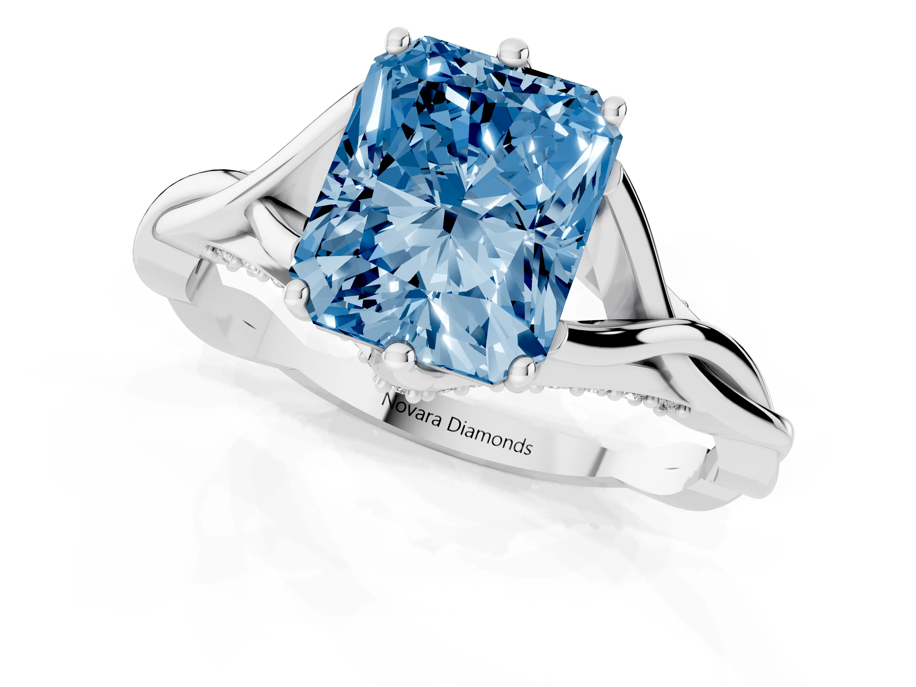 Fancy Blue Radiant Cut Diamond Intertwined Twist Band Solitaire Ring Set in White gold with Prong Setting