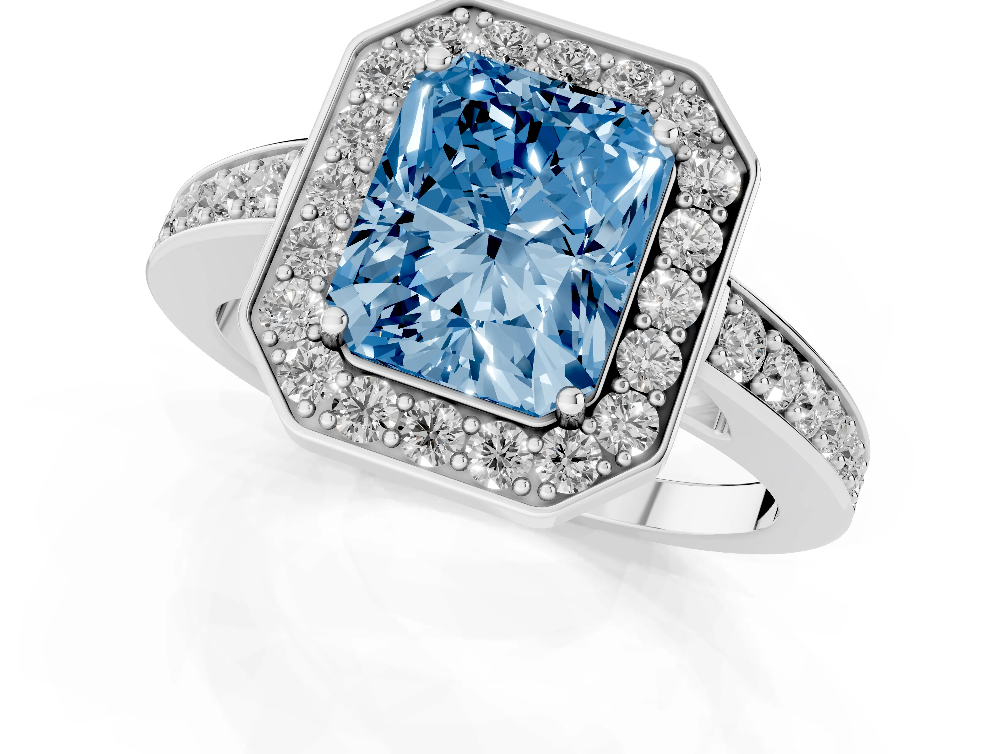Fancy Blue Radiant Cut Diamond Halo Pavé Engagement Ring Set in White gold with Bezel Setting