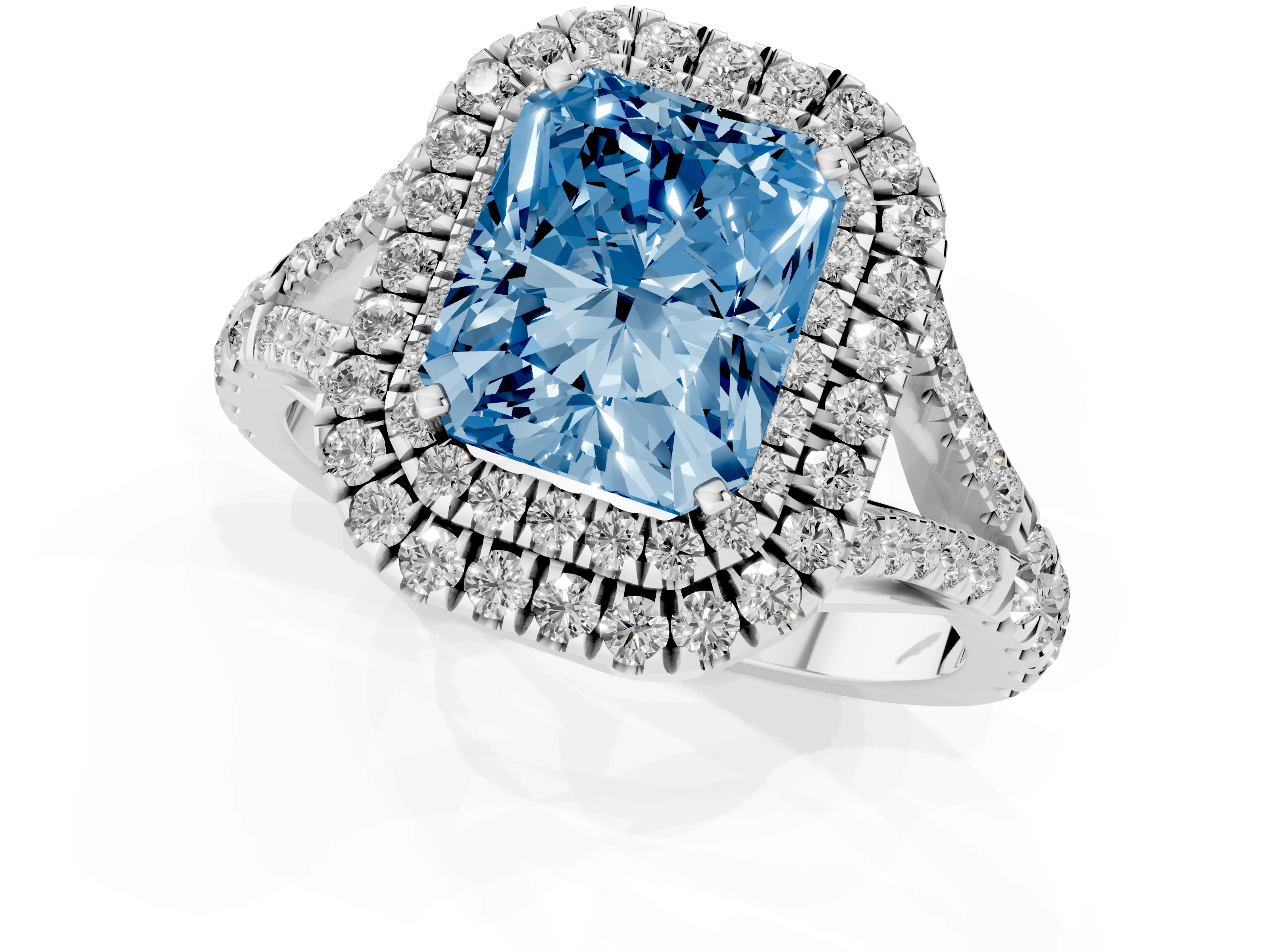 Fancy Blue Radiant Cut Diamond Pavé Split Shank Double Halo Engagement Ring Set in Silver