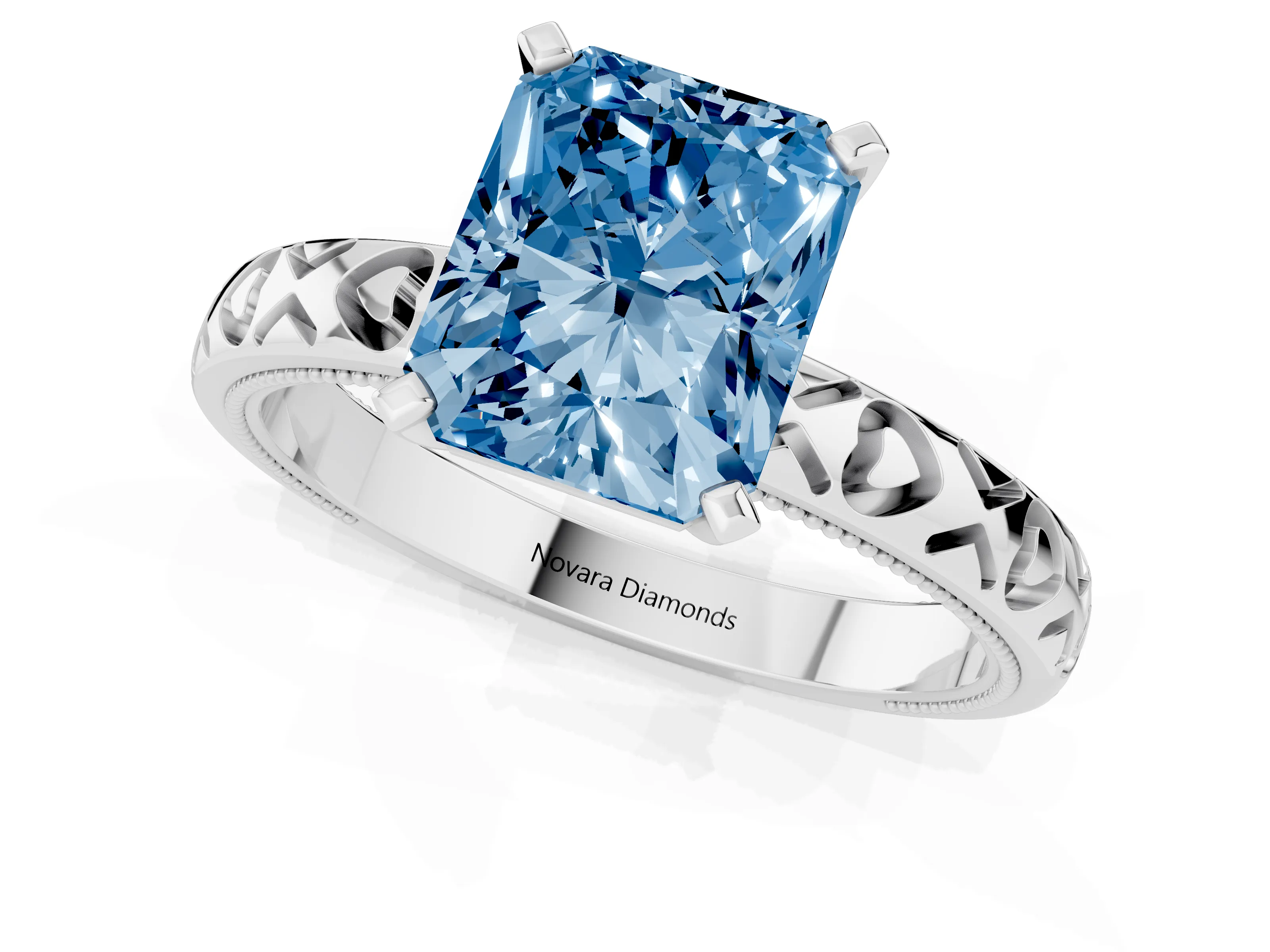 Fancy Blue Radiant Cut Diamond Solitaire Engagement Ring Set in Platinum with XO Engraved Band and Prong Setting