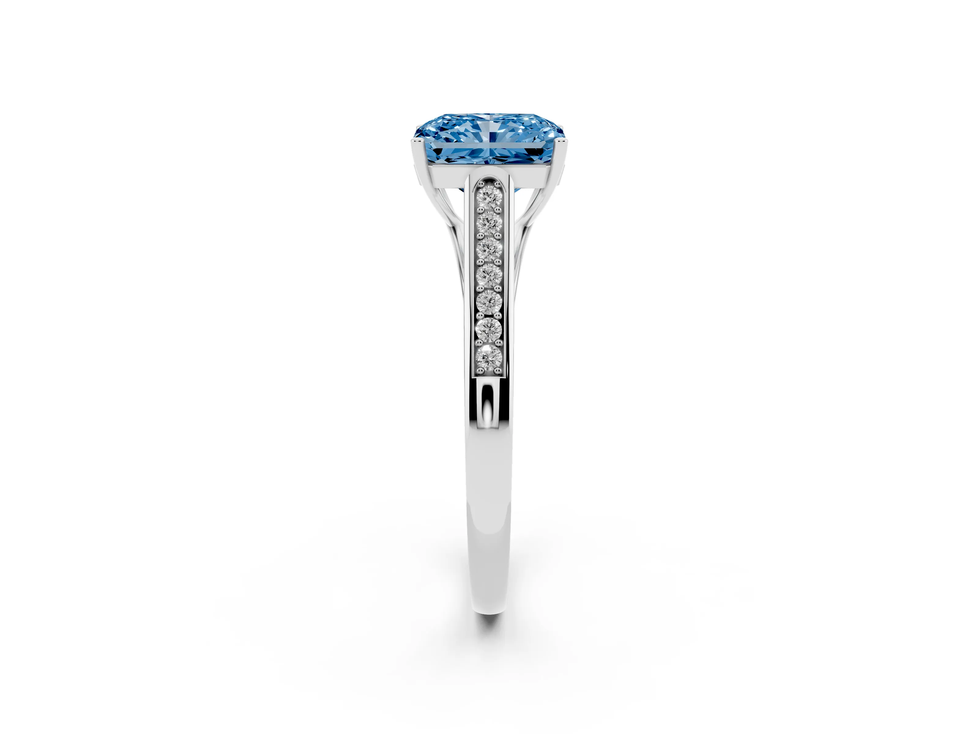 Fancy Blue Radiant Cut Diamond Solitaire Cathedral Engagement Ring Set in Platinum with Channel-Set Band and Prong Setting