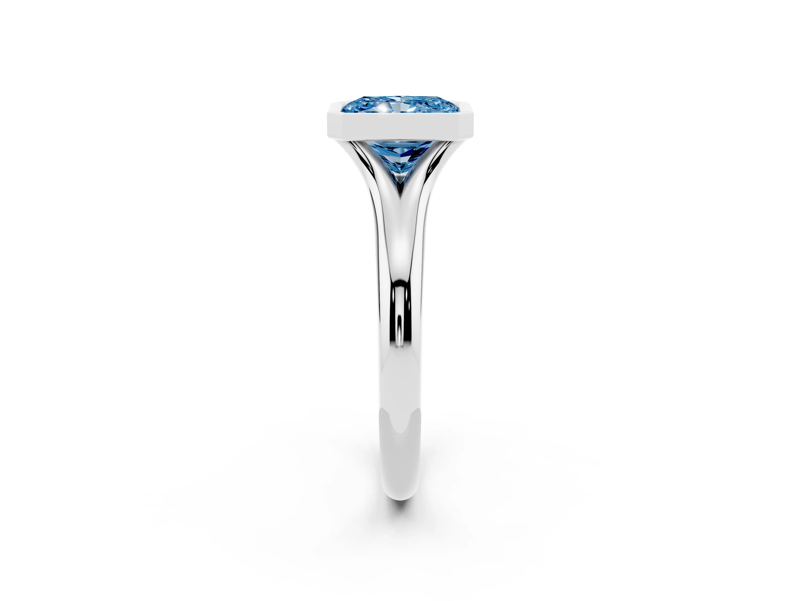 Fancy Blue Bezel Set Radiant Cut Diamond Solitaire Ring Set in Silver with Smooth Band