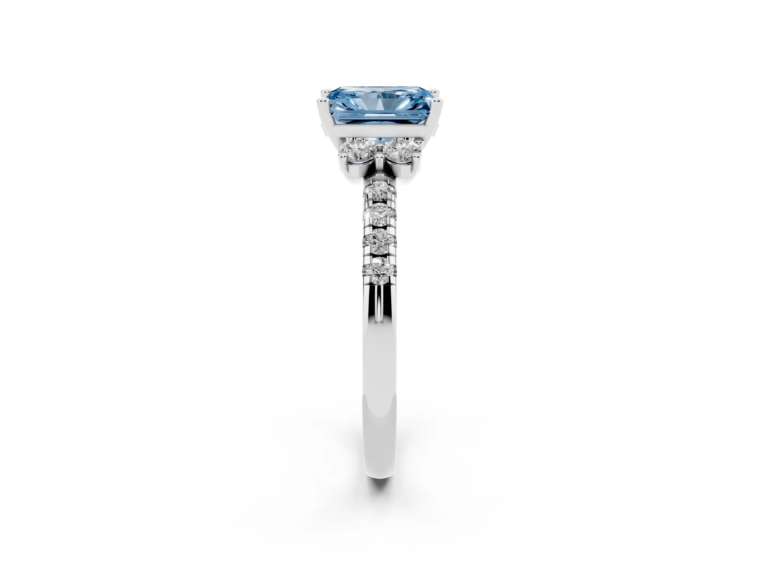 Fancy Blue Radiant Cut Diamond Three-Stone Pavé Ring Set in Silver with Prong Setting