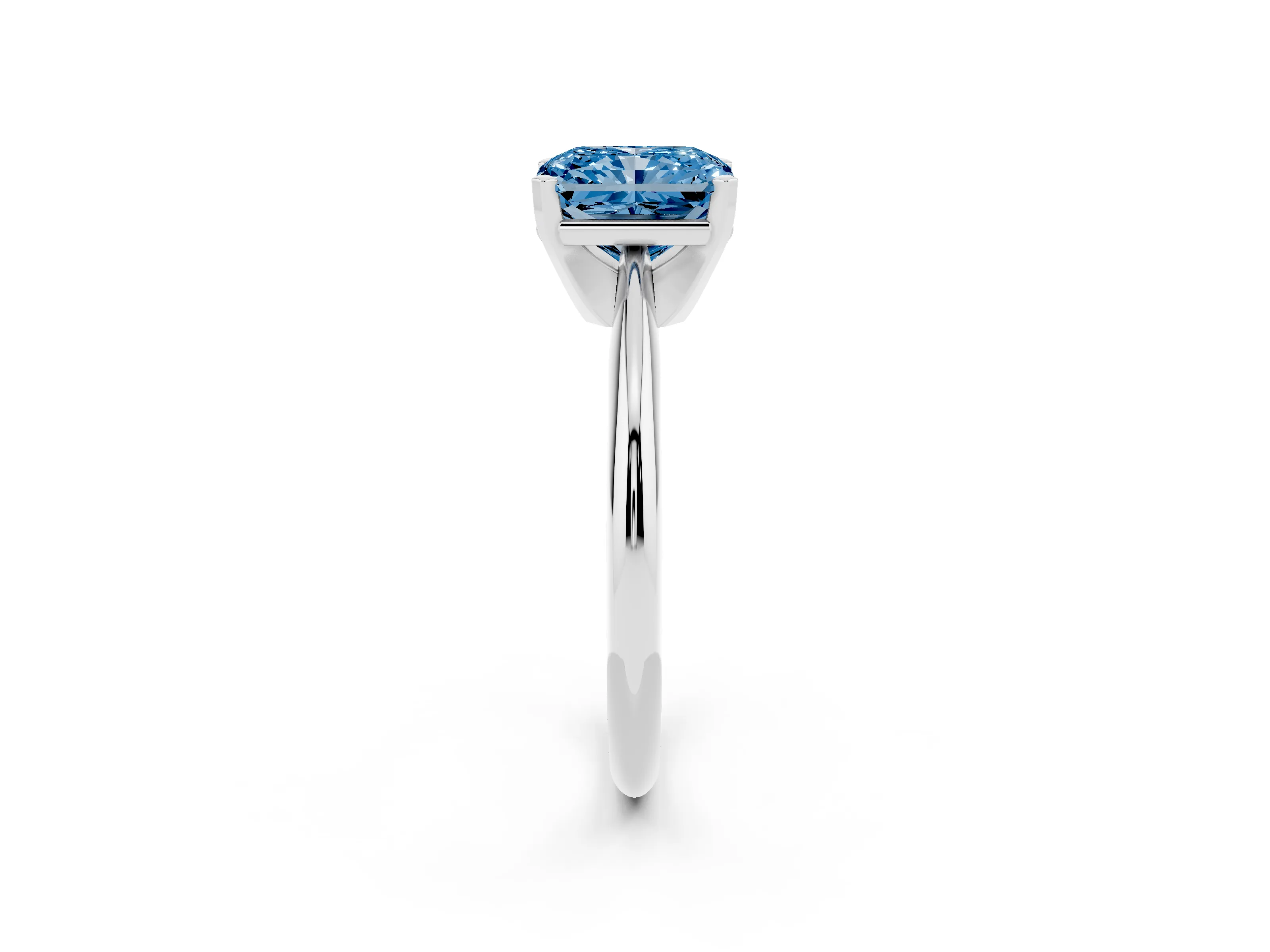 Fancy Blue Radiant Cut Diamond Solitaire Ring Set in Platinum with Prong Setting on a Plain Round Band