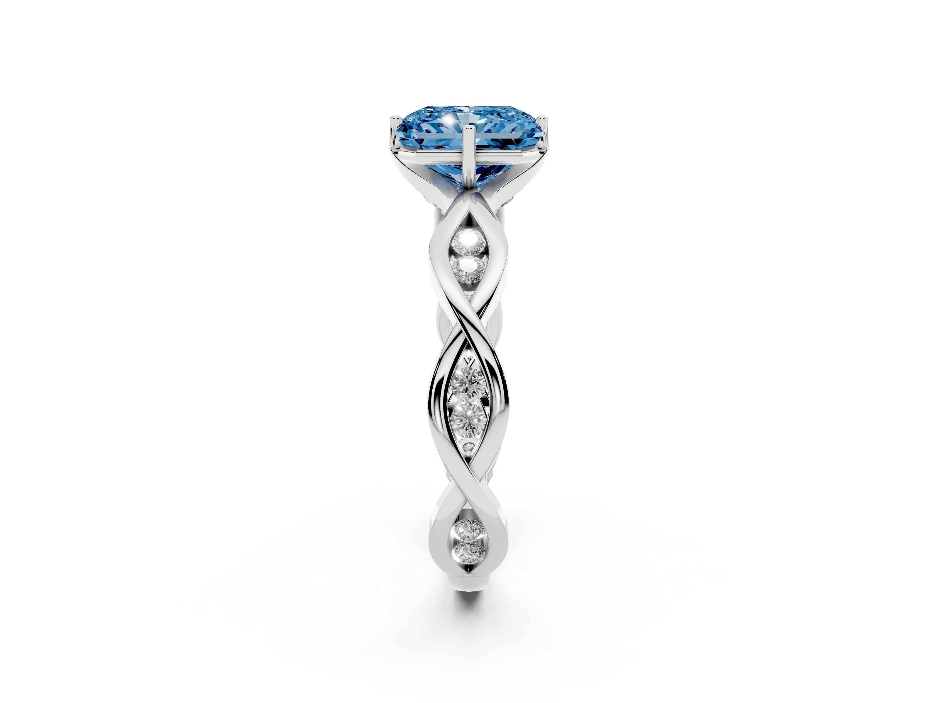 Fancy Blue Radiant Cut Diamond Twist Band Solitaire Ring Set in White gold with Leaf Prong Setting and Accent Stones