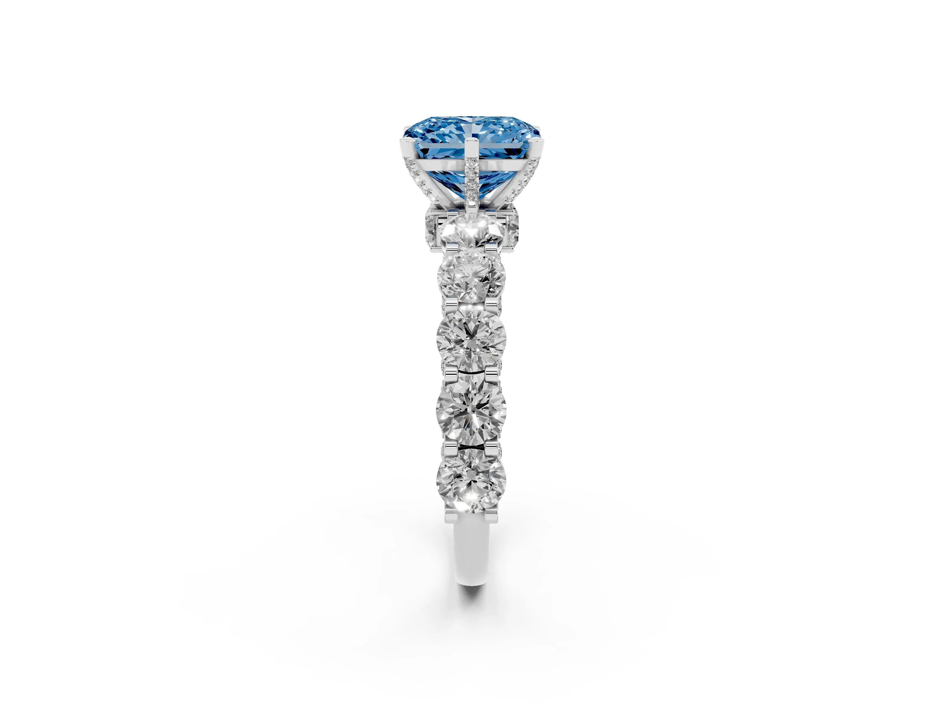 Fancy Blue Radiant Cut Diamond Side Stone Ring Set in Platinum with Alternating Round and Oval Side Stones