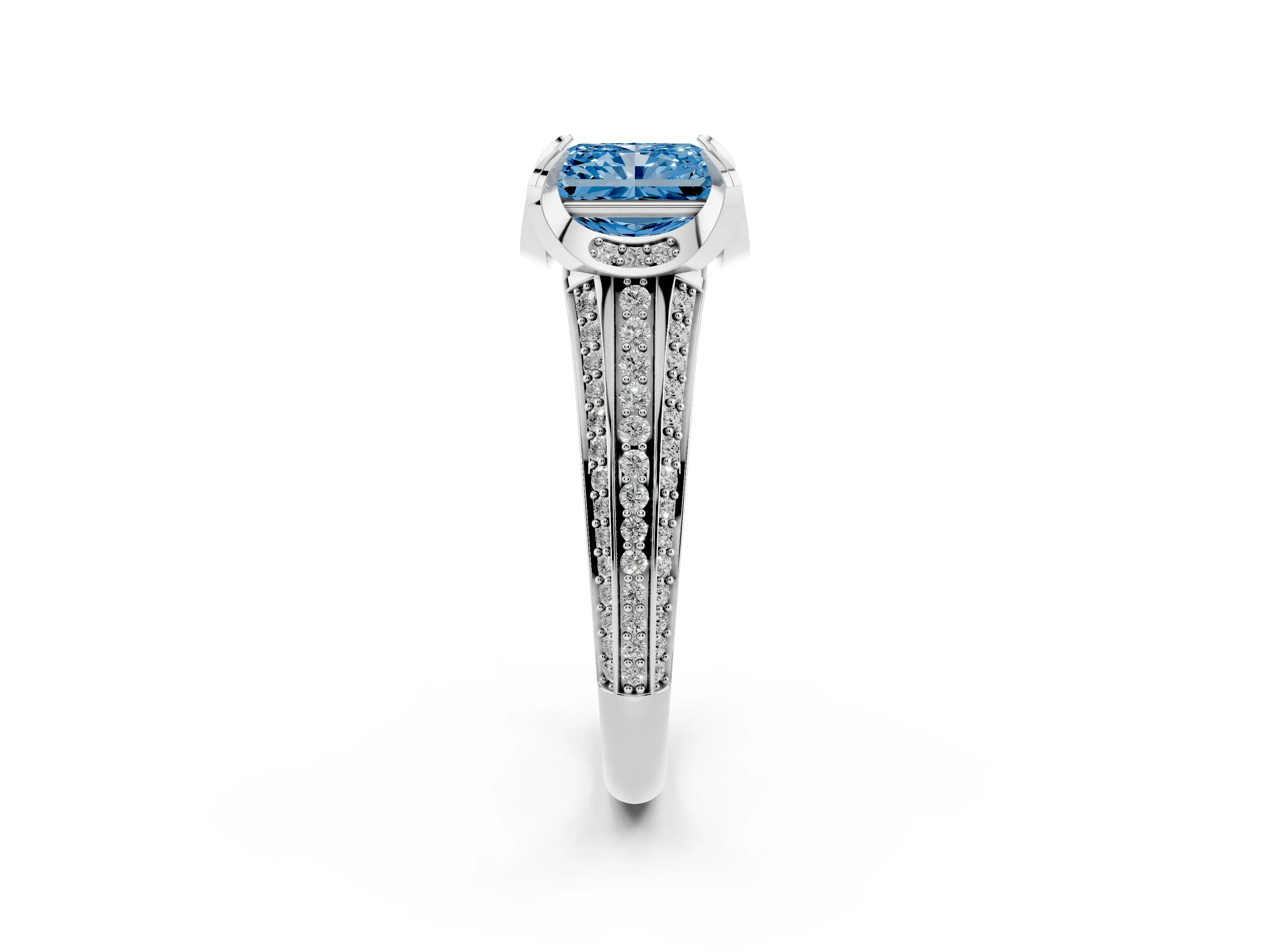 Fancy Blue Radiant Cut Diamond Pavé Split Shank Solitaire Ring Set in Silver with Prong Setting